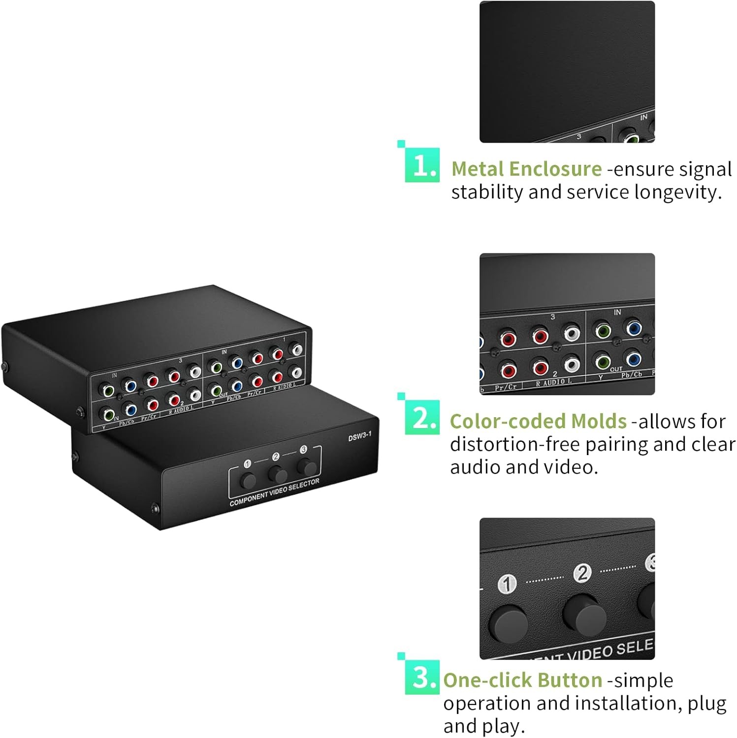 Component AV Video Switch Box 3 in 1 Out, 3 1 out