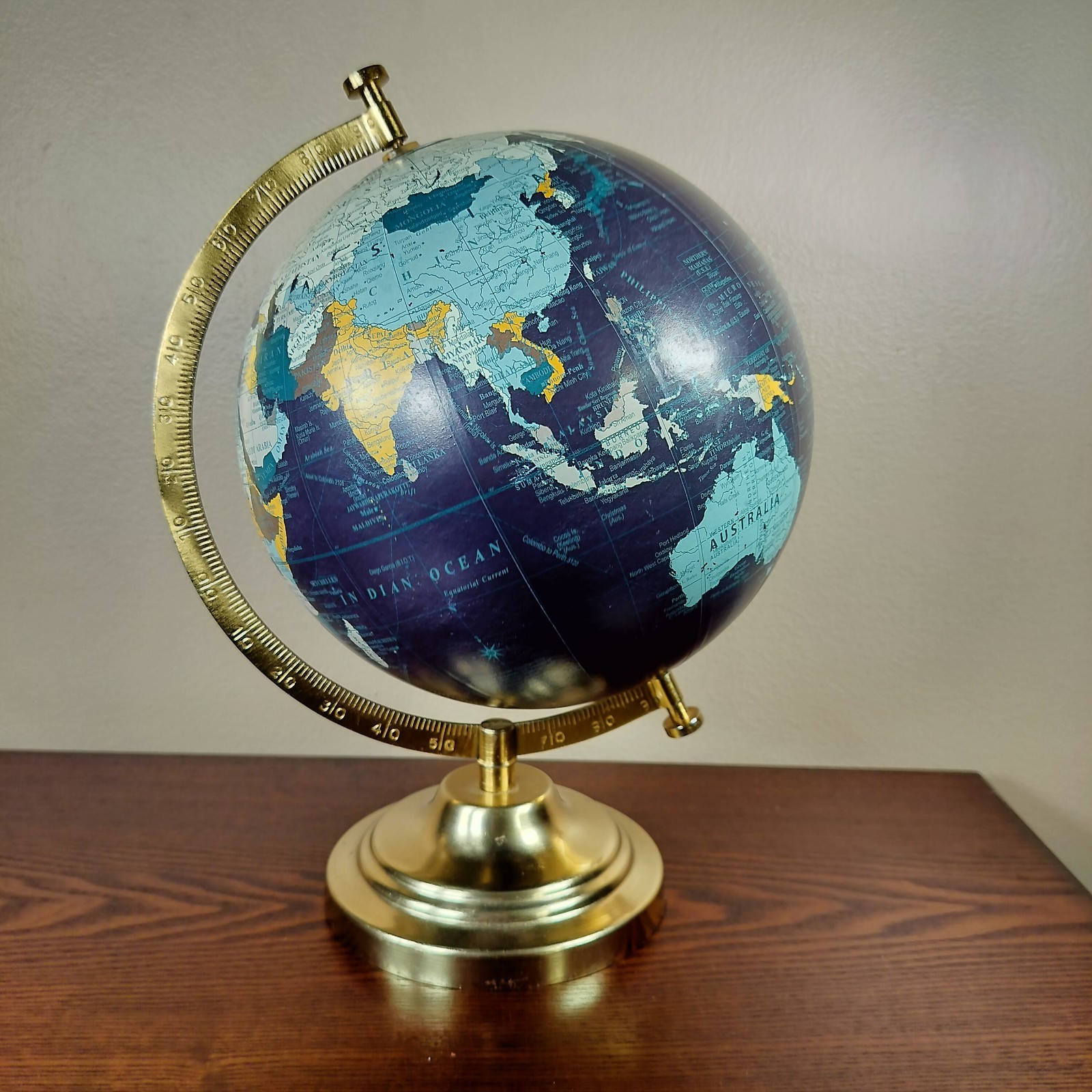 Vintage Style 8” World Globe Gold Metal Stand Desk Office Decor Dark Ocean