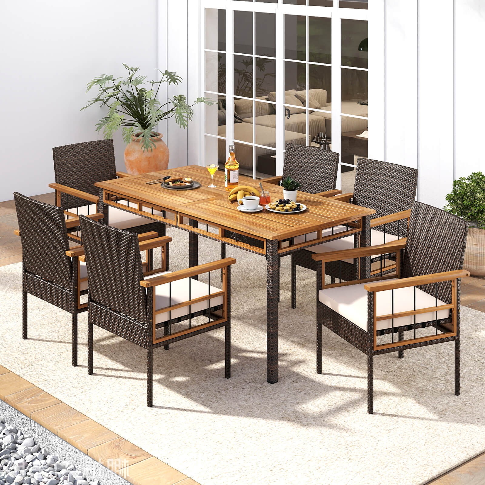 7 PCS PE Wicker Patio Dining Set w/1.97" Umbrella Hole, Cushions for Deck Garden