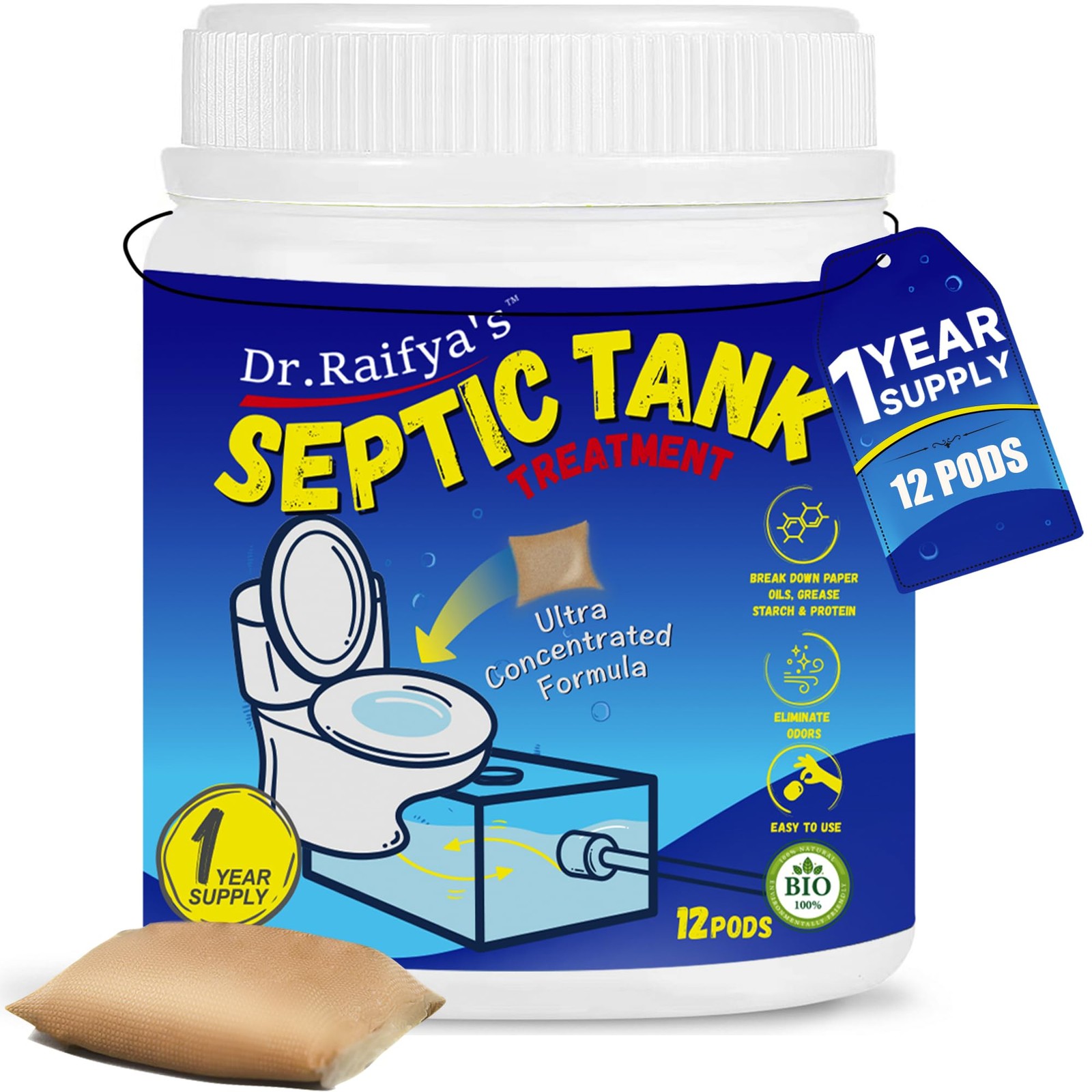 Dr.Raifya's Septic Tank Treatment Pods - 12 Pcs for 1-Year Supply | 12 Count