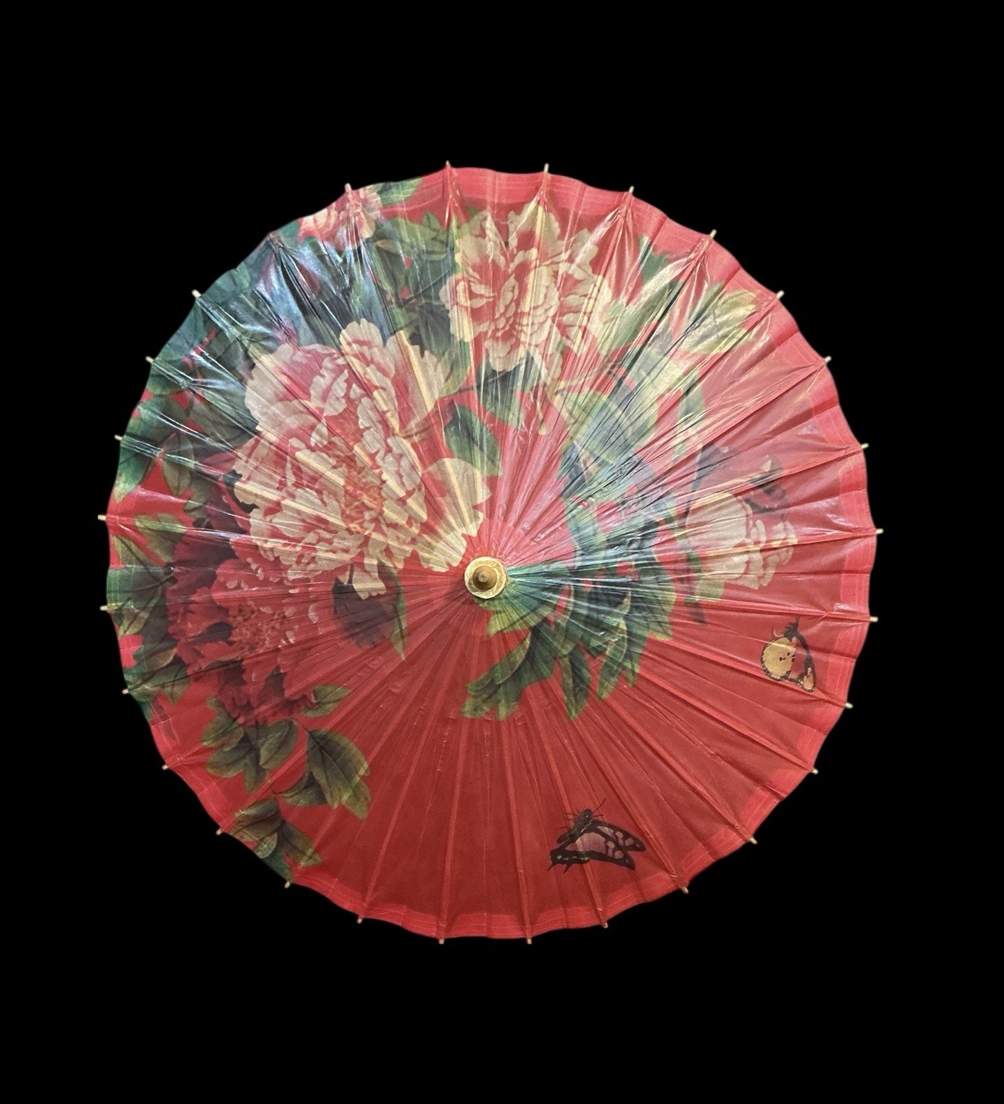 Vtg. Red Chinese OiI Paper Parasol 32” Bamboo Umbrella Peony Butterfly Luzhou