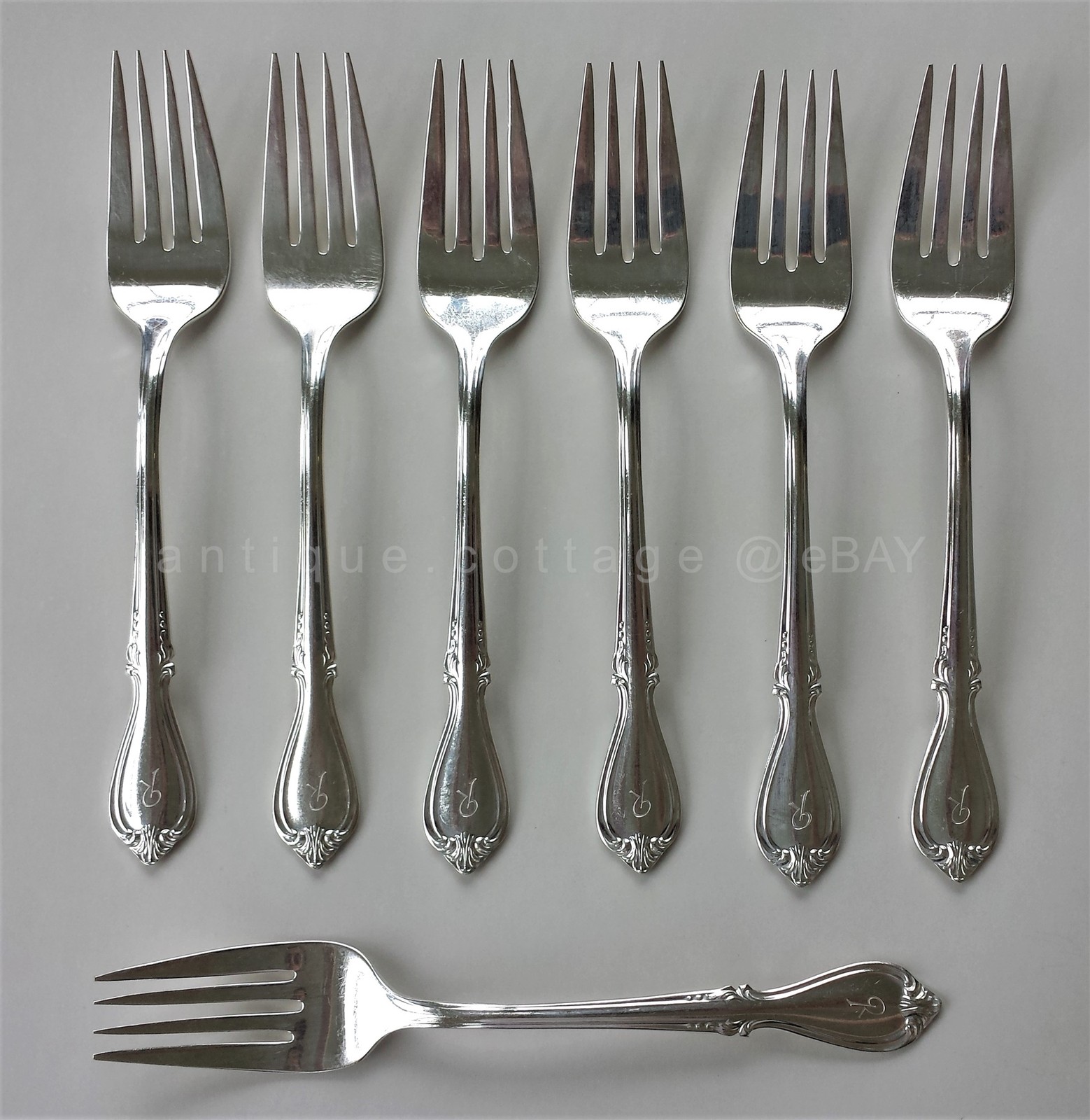 ROGERS oneida silverplate flatware MEMORY 7pc Dessert Salad Forks monogram R
