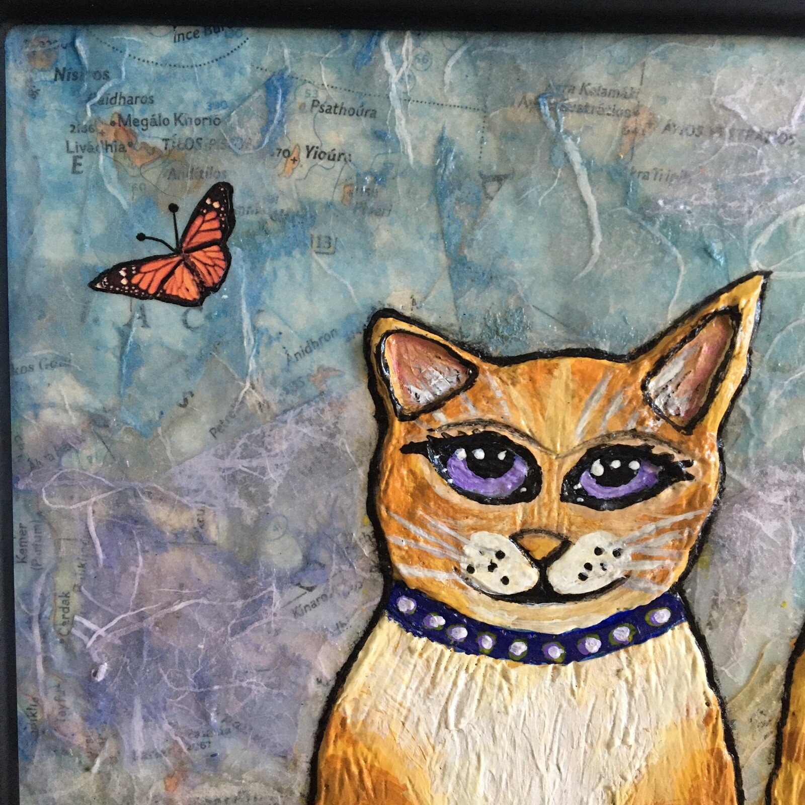 Original Orange Cat Mixed Media Signed and Framed Wall Art 14.5" x 12.5"