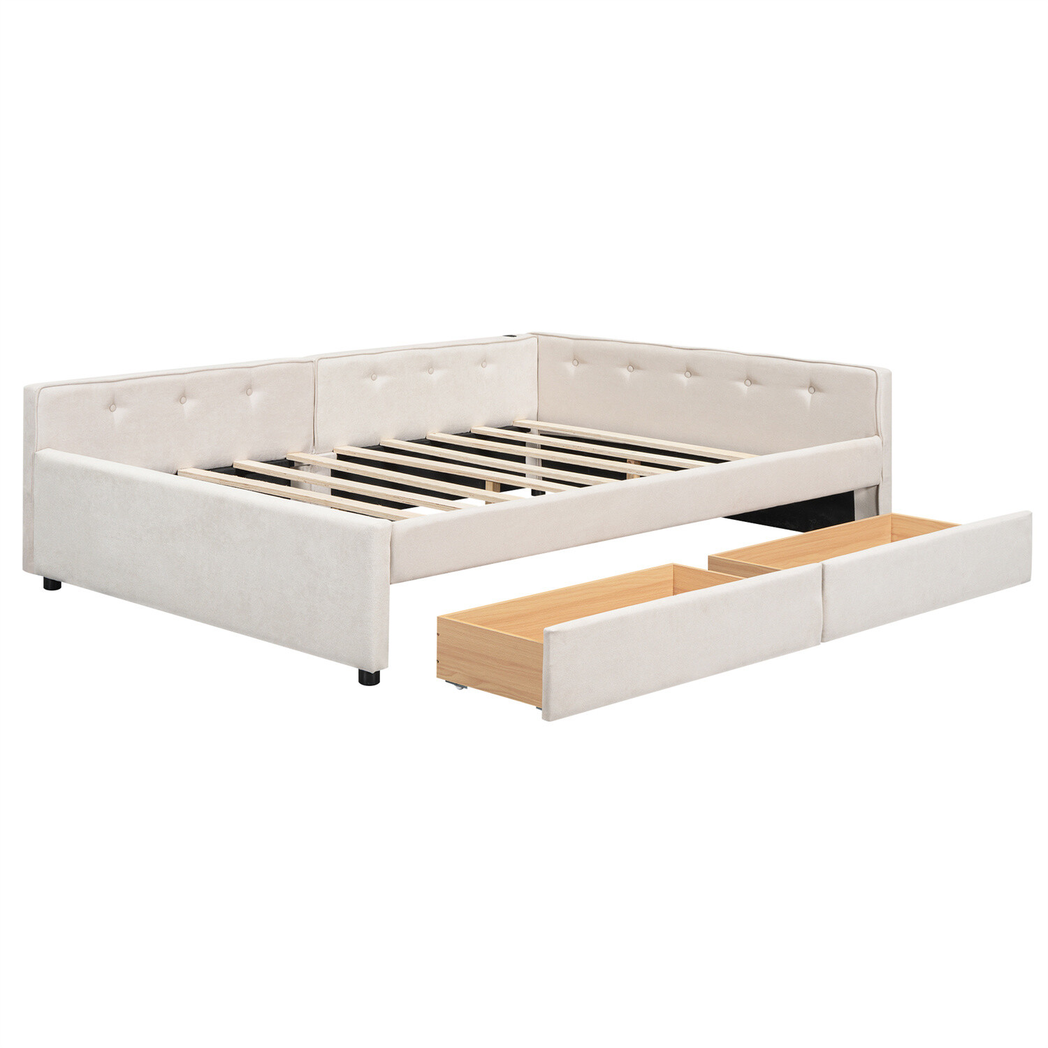 Full Size Daybed Upholstered Bed Frame Sofa Bed w/ USB Ports & 2 Drawer