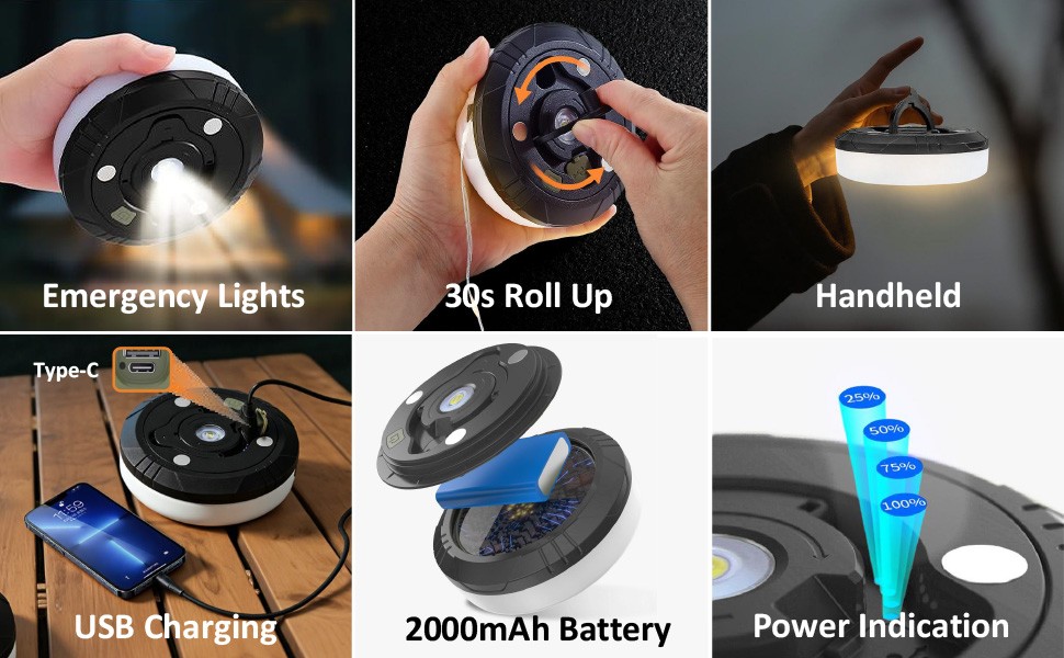 Camping String Lights, 4 in 1 Portable Camping Light Rechargeable, 8 Lighting