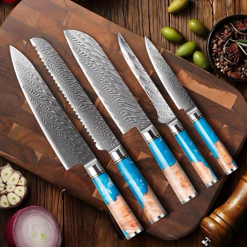 Damascus Steel Knife - 5 Piece Set - Unique Blue Resin Wood Handle w/ Gift Box