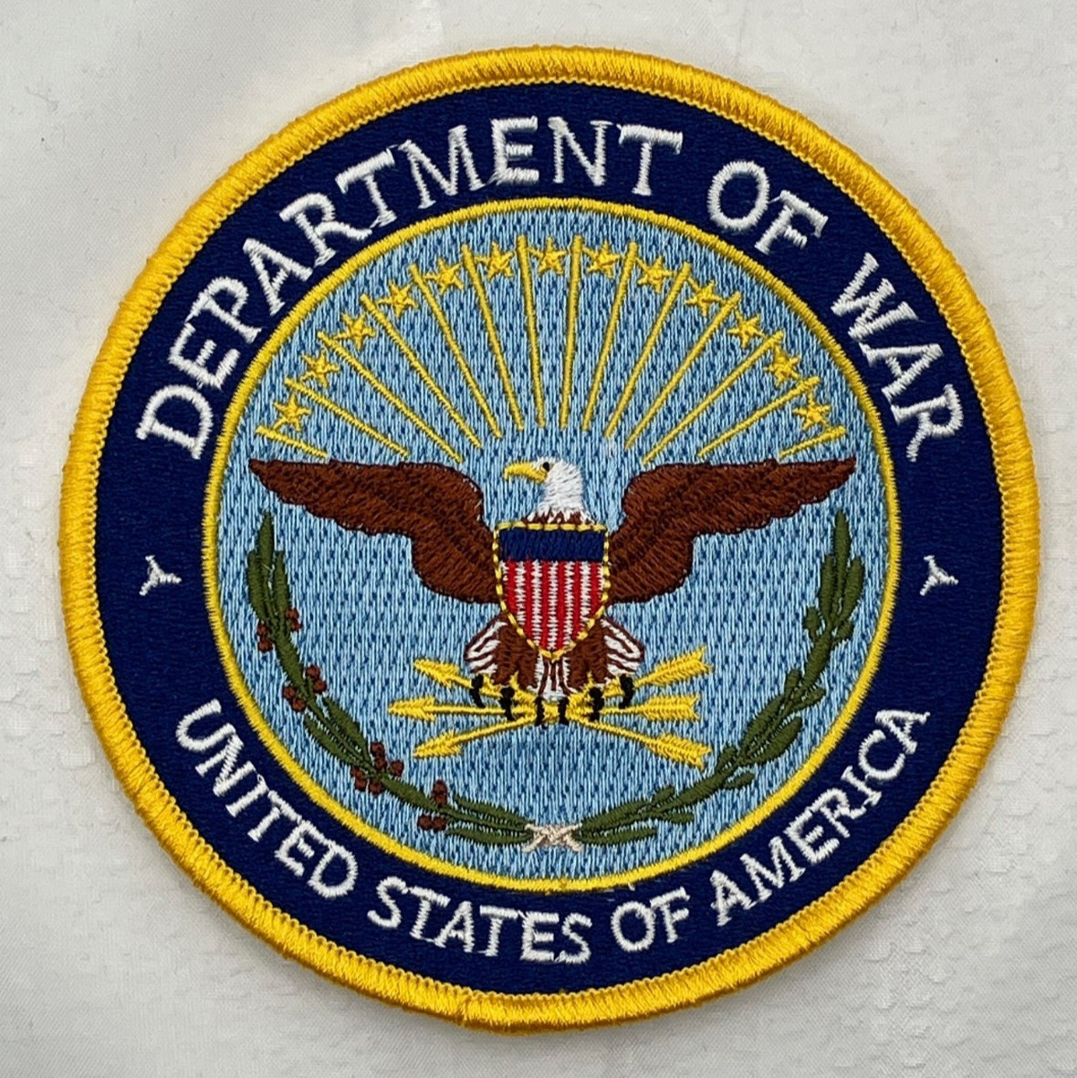 Jacket patch:  4.25"  DEPARTMENT OF WAR UNITED STATES OF AMERICA