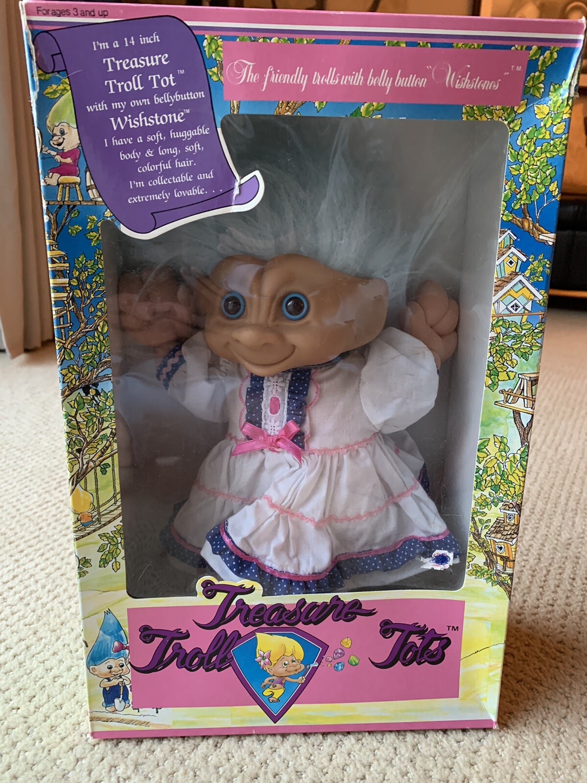Vtg Treasure Troll Tot Bellybutton Wishstone 14” Blue Hair Eyes Doll