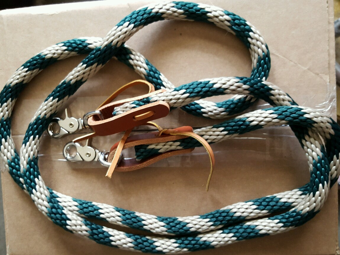 Hunter green & tan HORSE POLY ROPING REINS W/ LEATHER LACES LOOP ENDS