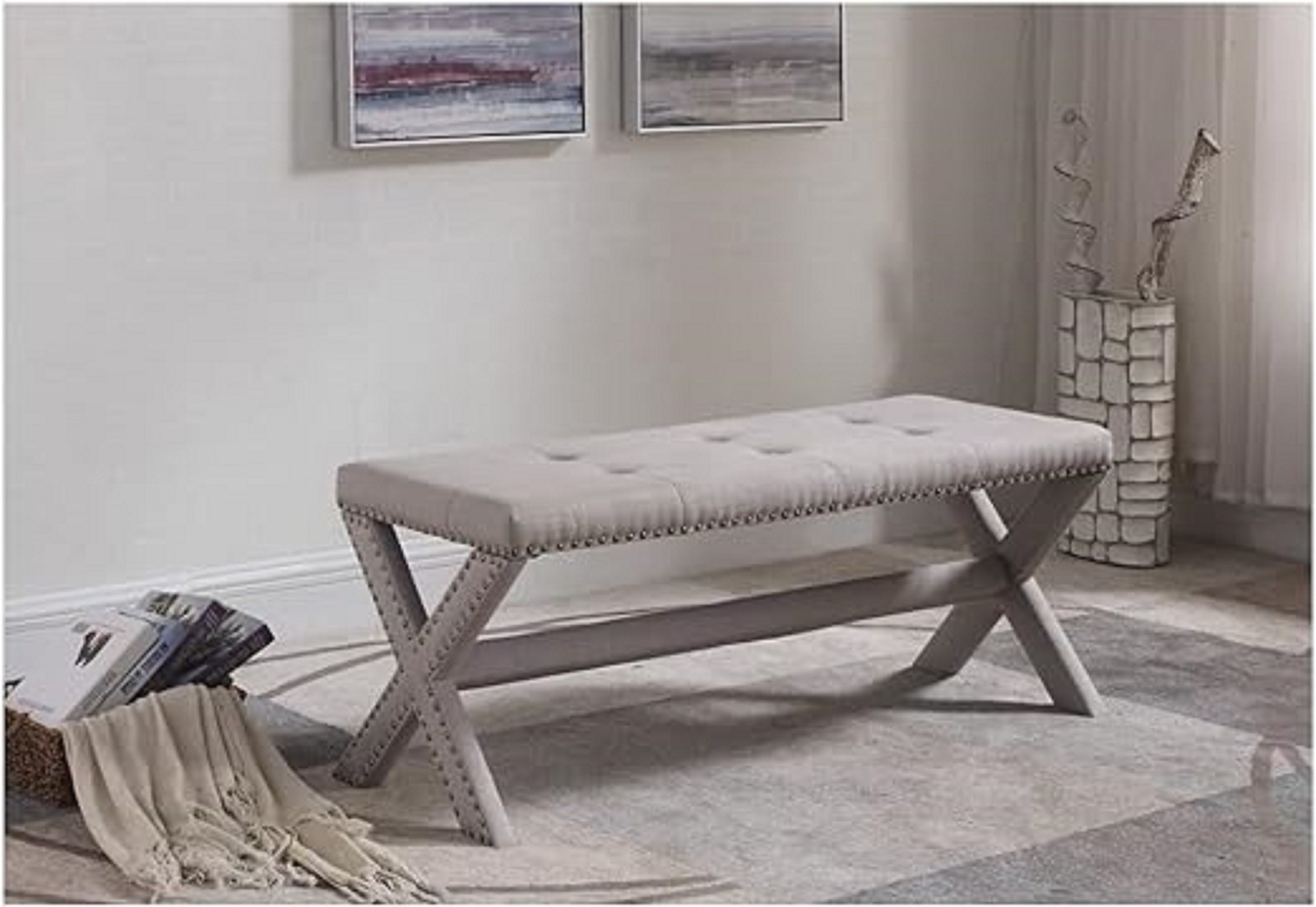 Glam Accent Bench with Nailhead Trim, Tufted Seat, Upholstered Side Bench