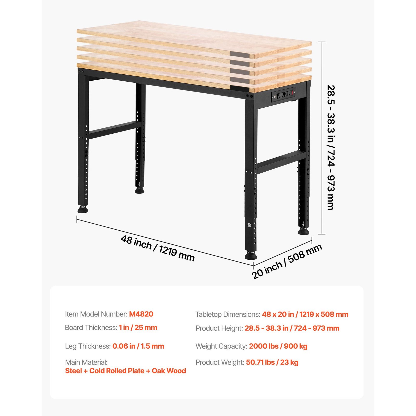 48x20in Adjustable Workbench 2000lb Cap with Power Outlets