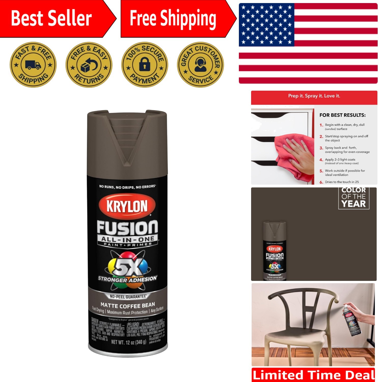 Versatile 12 oz Spray Paint in Matte Coffee Bean - Strong Adhesion & Quick Dry