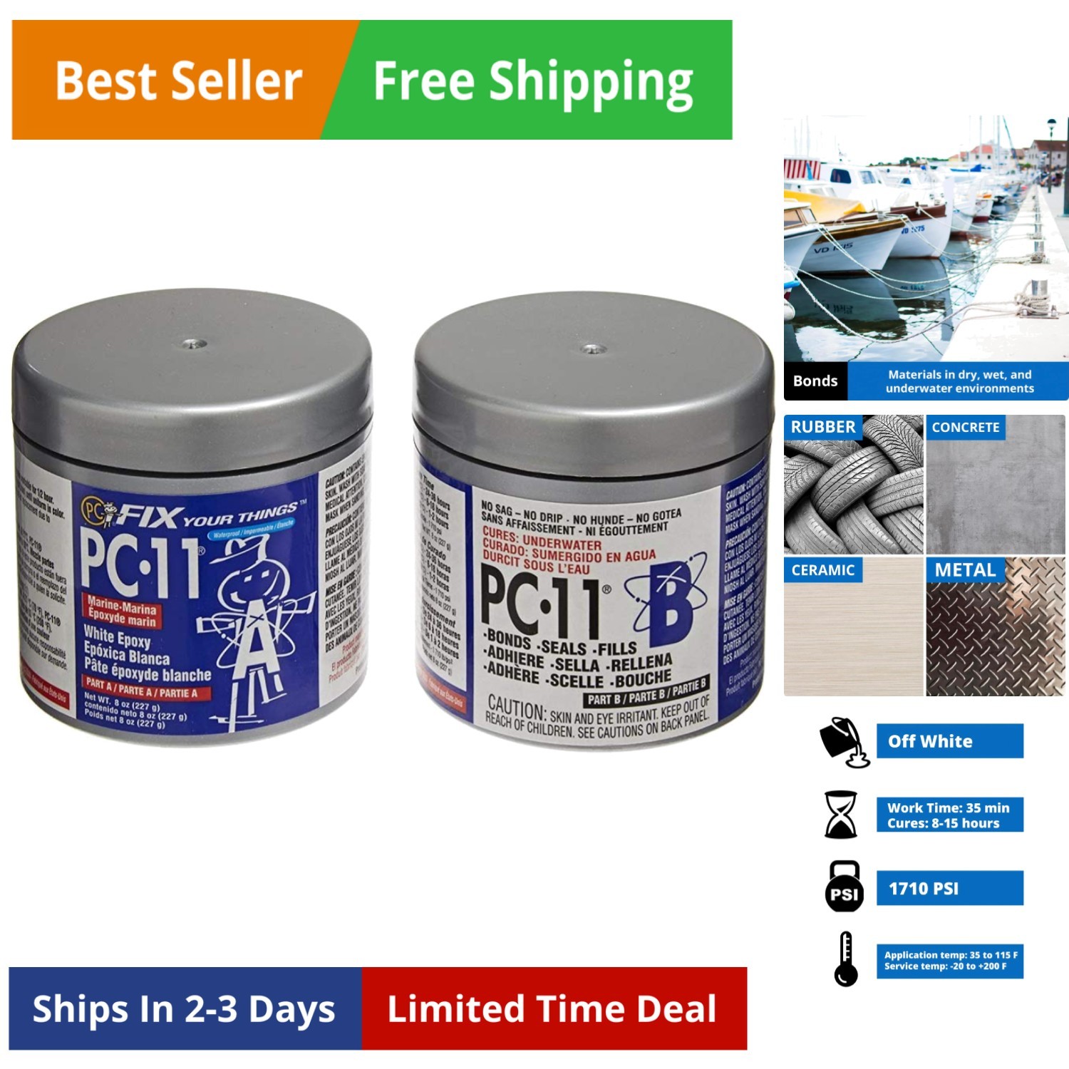PC-Products PC-11 Epoxy Adhesive Paste, Two-Part Marine Grade, 1/2lb in Two C...