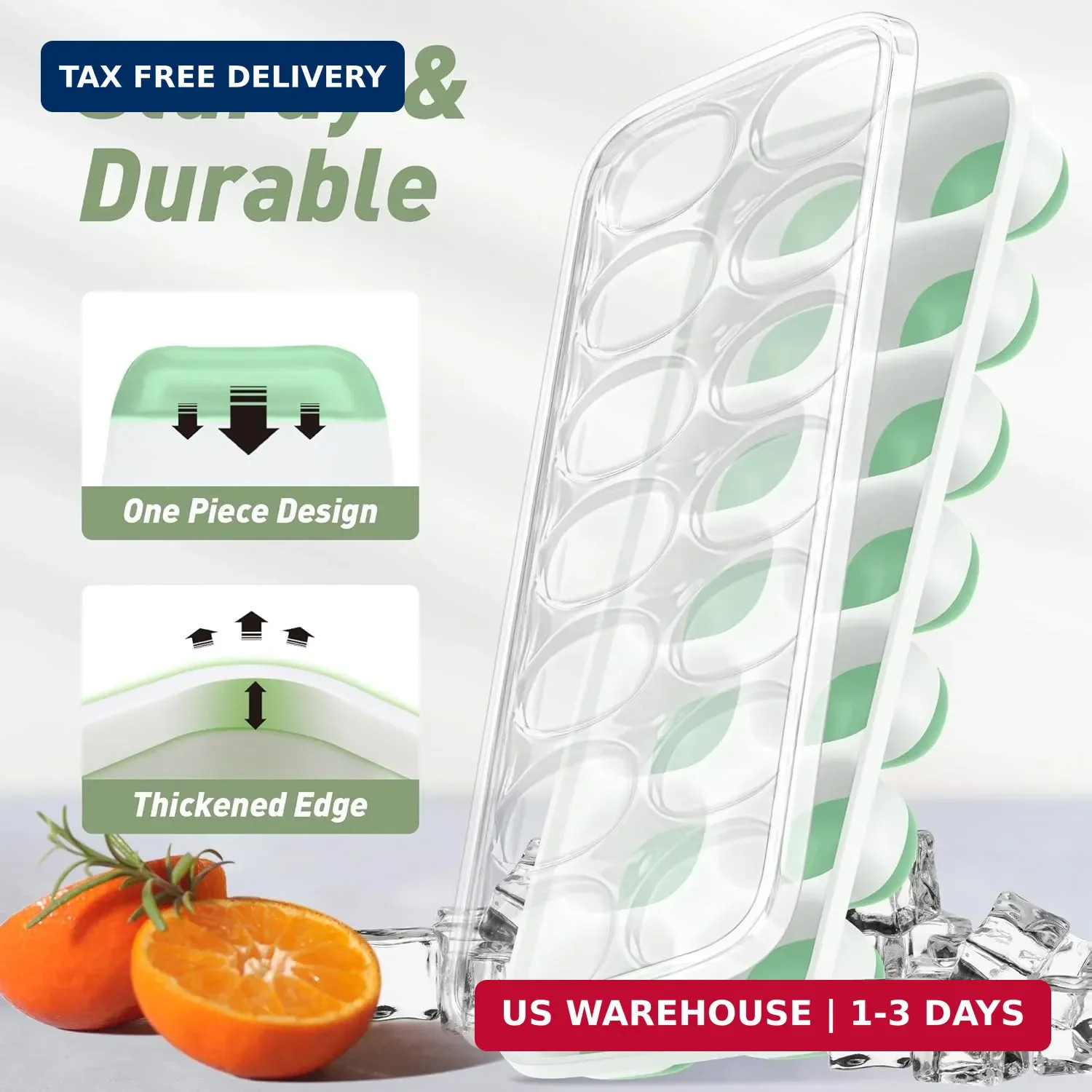 ChefAide Ice Cube Tray with Lid, 2 Packs 28 Cubes Durable Stackable Ice Cube Tra