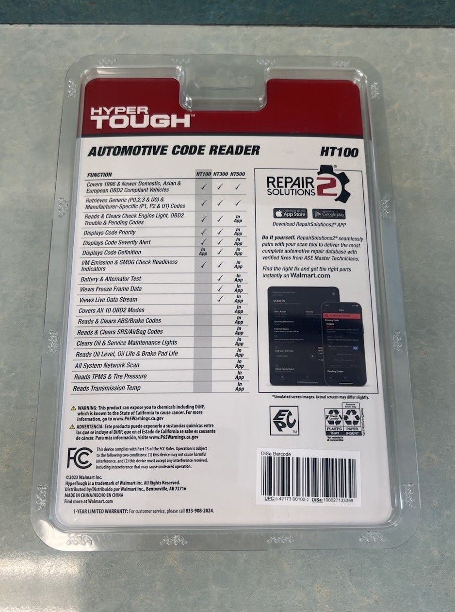 Hyper Tough HT100 Black Portable Bluetooth OBD2 Vehicles Automotive Code Reader