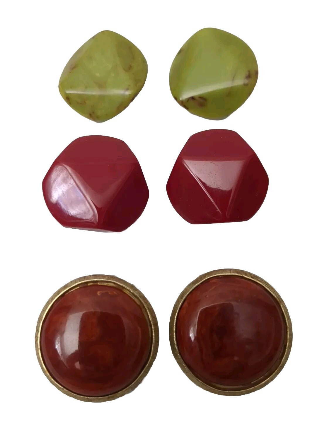 VTG Bakelite 3 Pairs Clip-On Buttons Earrings Green, Red, Orange TESTED