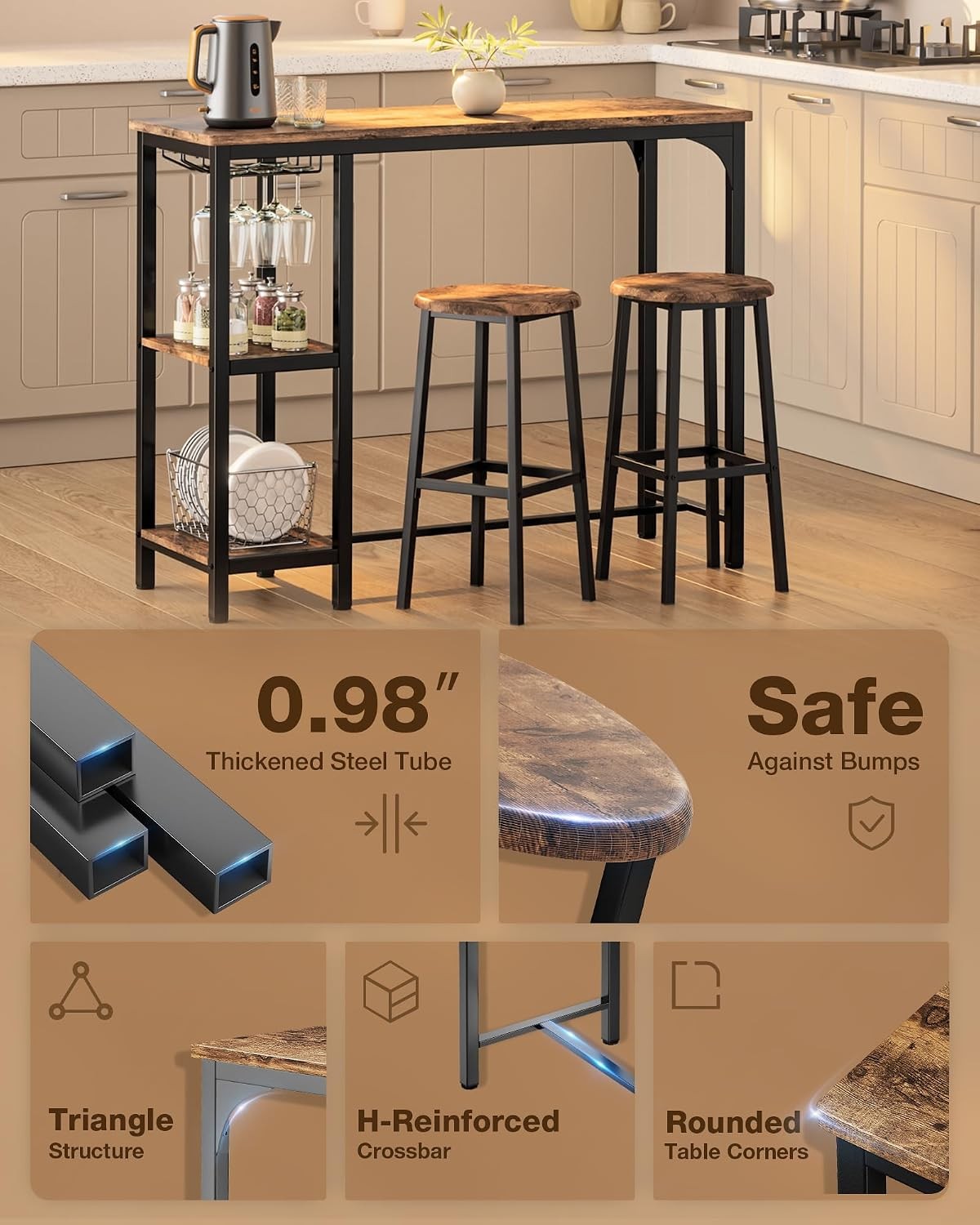 3-Piece Bar Table Set 2 Bar Height Table W/ Stools & 2 Storage Shelves Small Bar