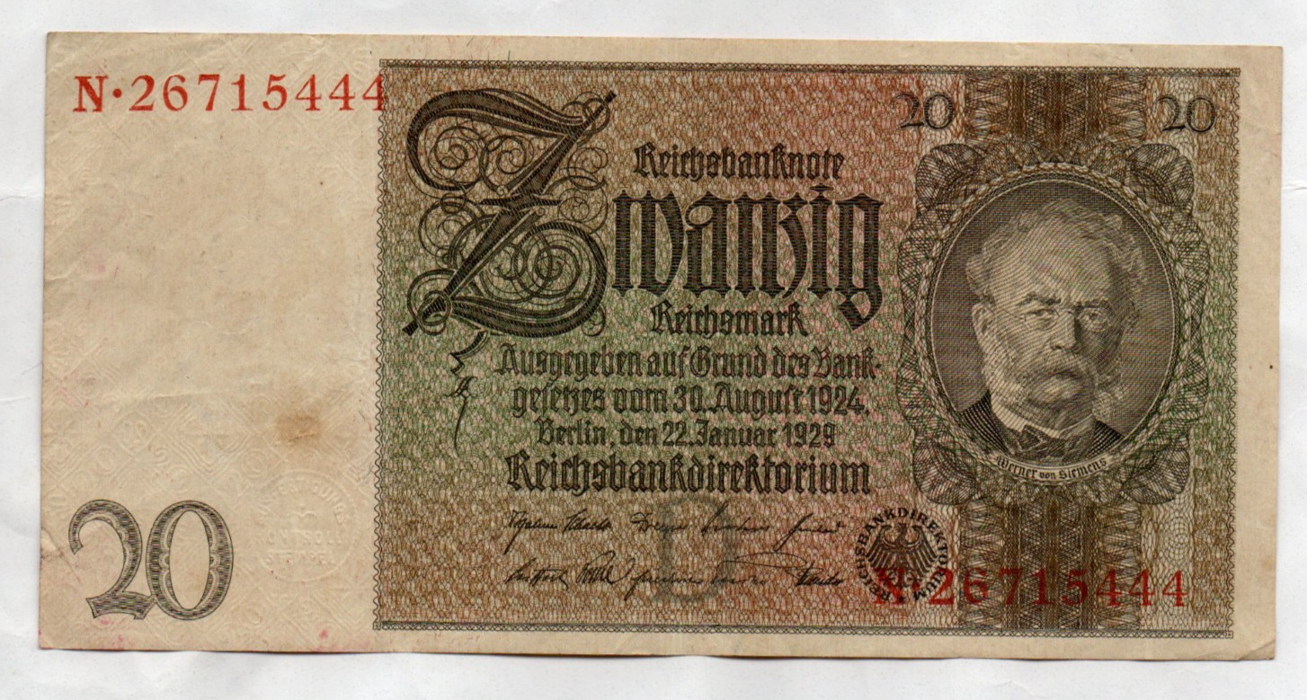 Genuine 20 Mark German weimar banknote 1929  fine con rarer underprint D  !!!
