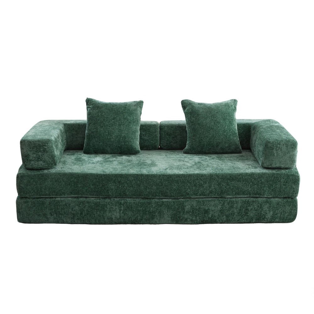 Memory Foam Foldable Sofa Bed 3-Seat Futon for Living Room, Dark Green Chenille