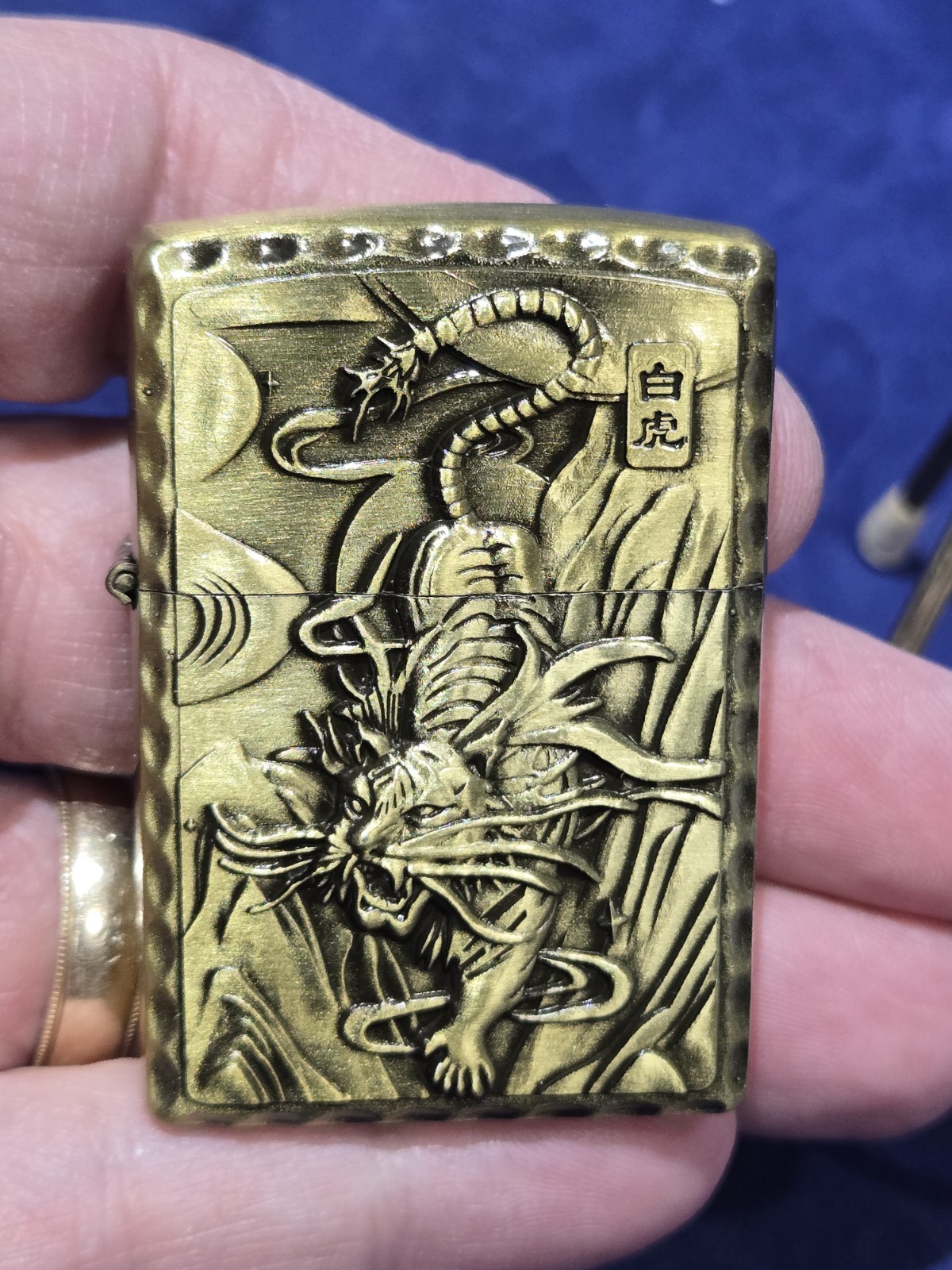 Bohai Embossed Gold Brass White Tiger Dragon Lighter Brand New