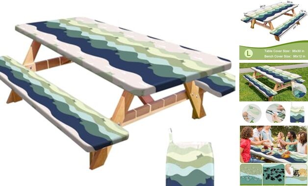 Picnic Table Cover with Bench Covers Portable Table Cloth 96x30in Green Cat