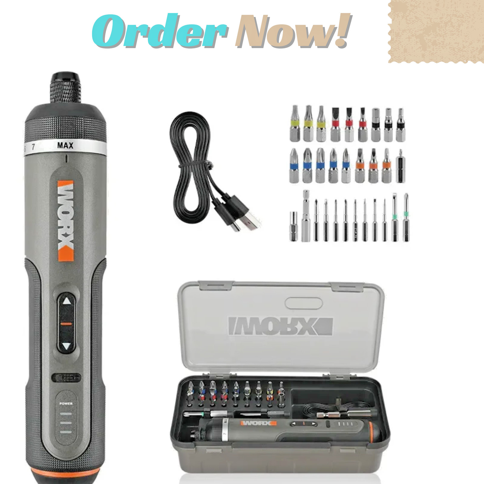 Worx WX242 Cordless Drill Screwdriver USB 30 Piece Set Electric Screwdriver