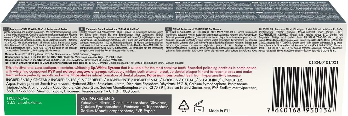 SPLAT White Plus Toothpaste 100ml – Gentle Whitening for Sensitive Teeth – US St