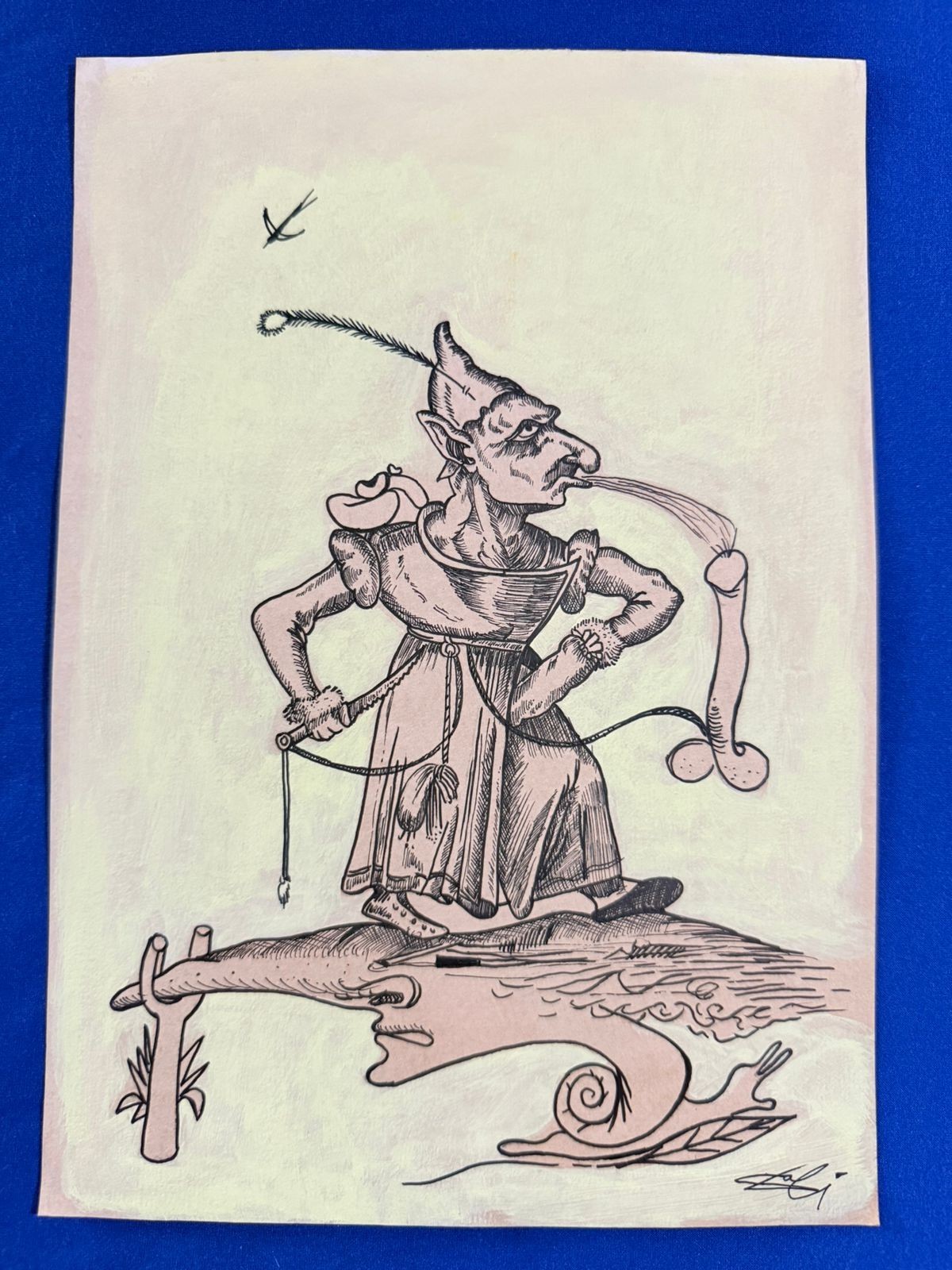 Salvador Dali (Handmade) Drawing on antique paper Signed and Sealed.