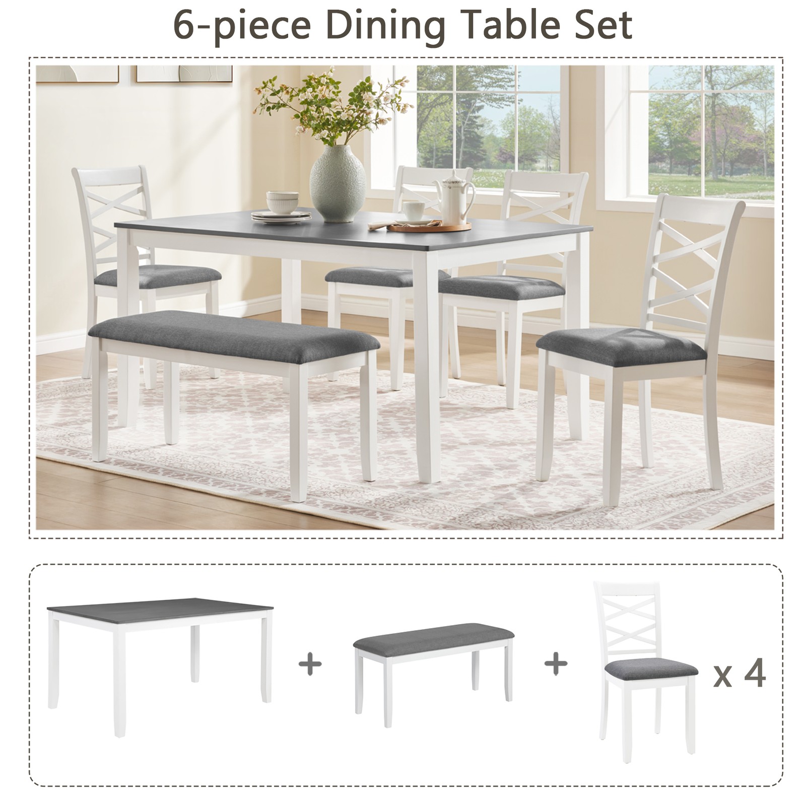 6-Piece Rectangular Wood Dining Table Set w/ Bench & 4 Upholstered Chair Modern