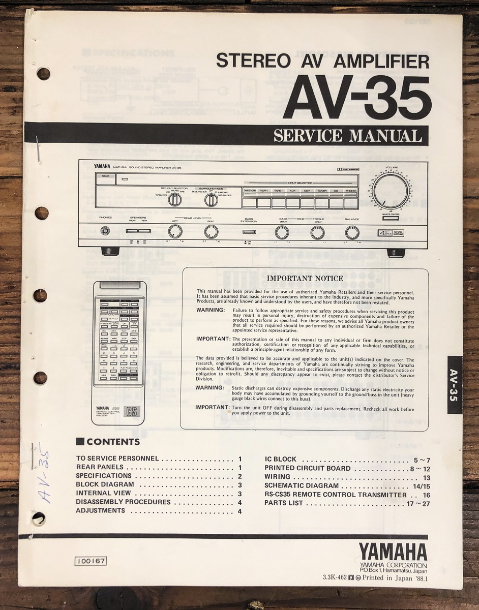 Yamaha AV-35 Amplifier Owners / User Manual *Original*
