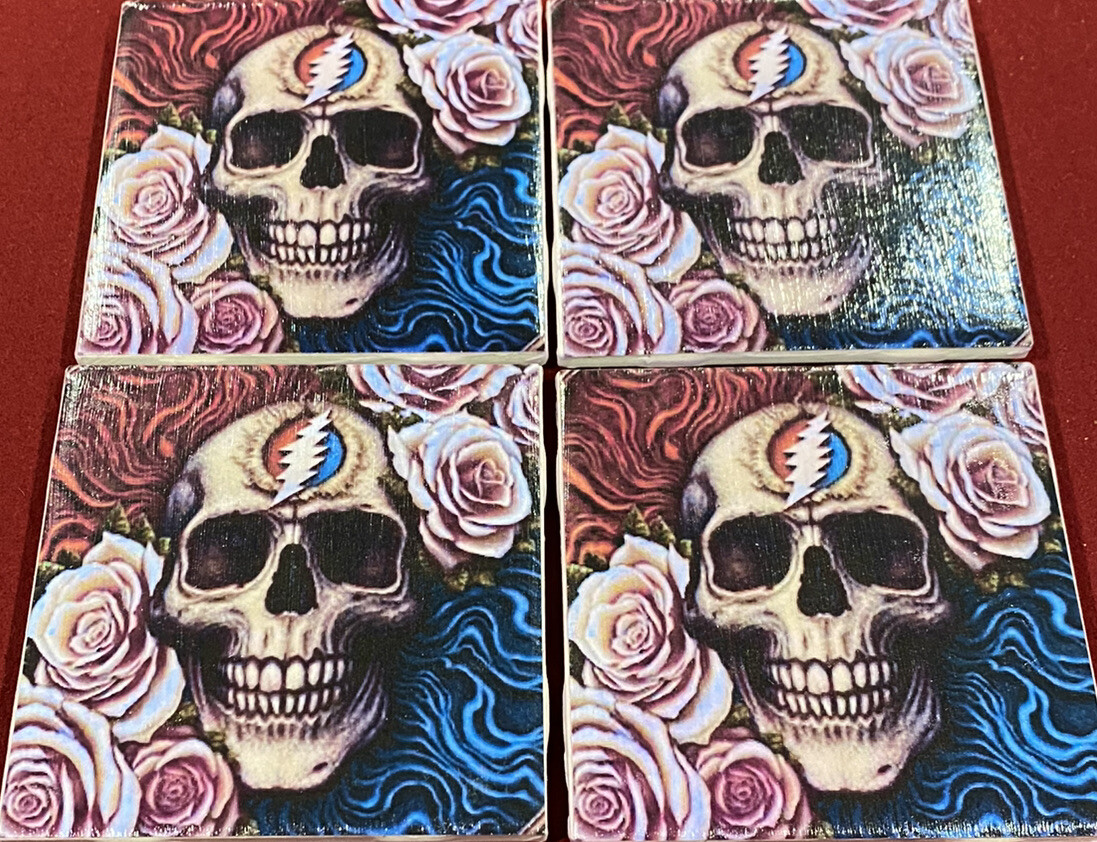 Set of 4 Grateful Dead Ceramic Table Coasters. Handmade Skull Steal Your Face