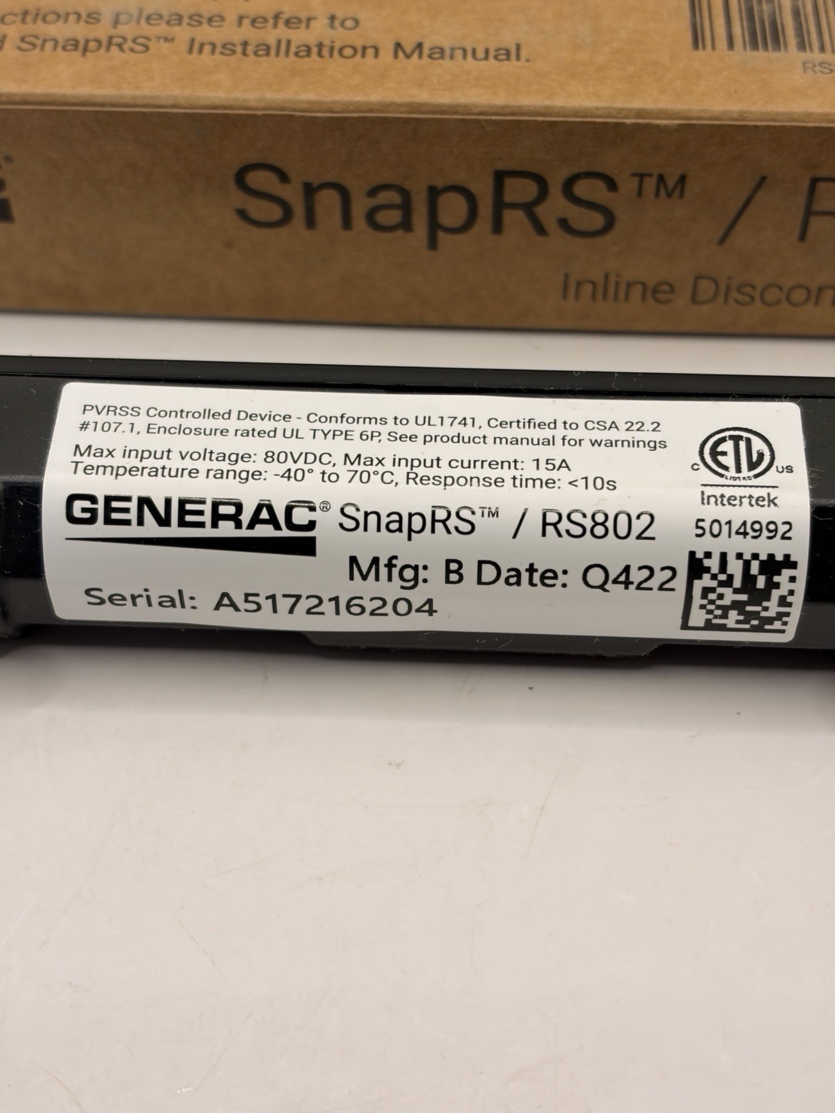 NEW Generac SnapRS RS802 Inline Disconnect Device For Use With PV Link