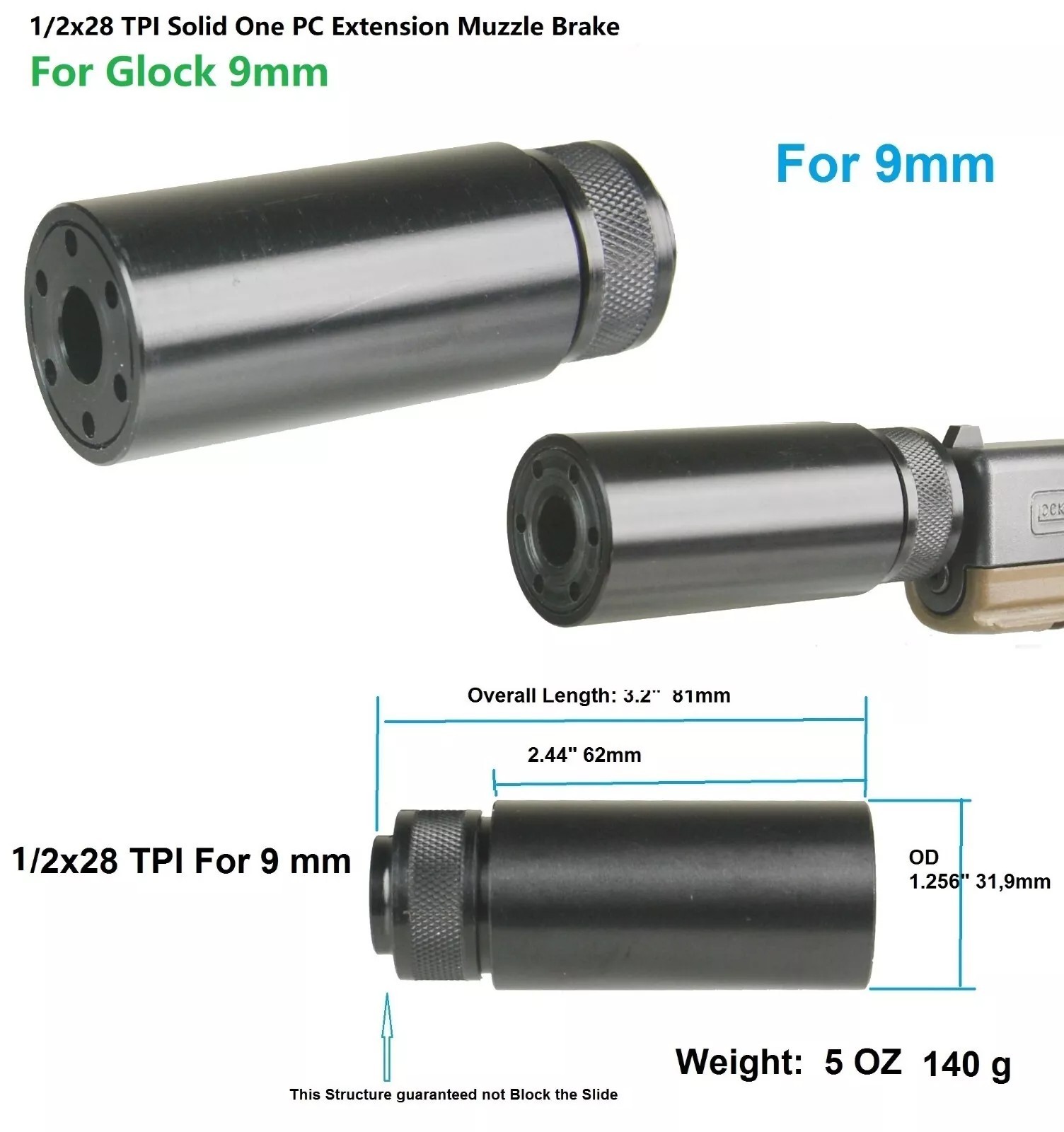 Aluminum Linear Muzzle Brake 1/2X28 TPI Barrel Extension Tube For 9mm