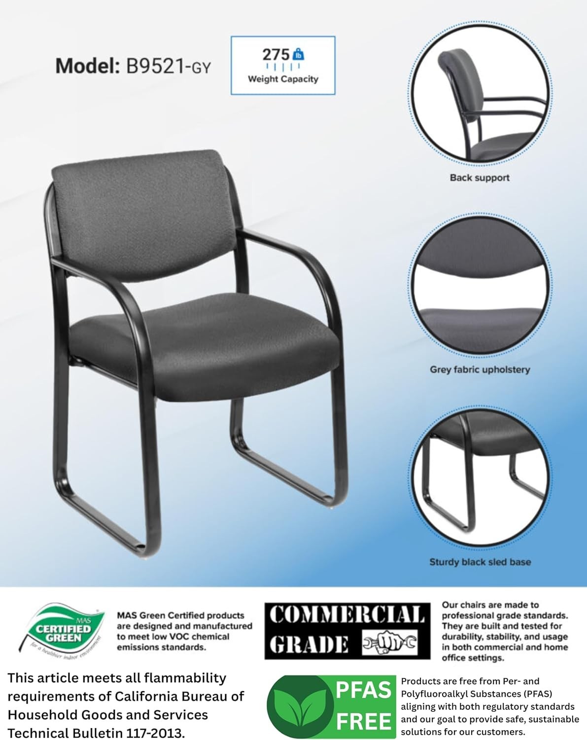 Office Products Fabric Guest Chair in Grey B9521-GY)