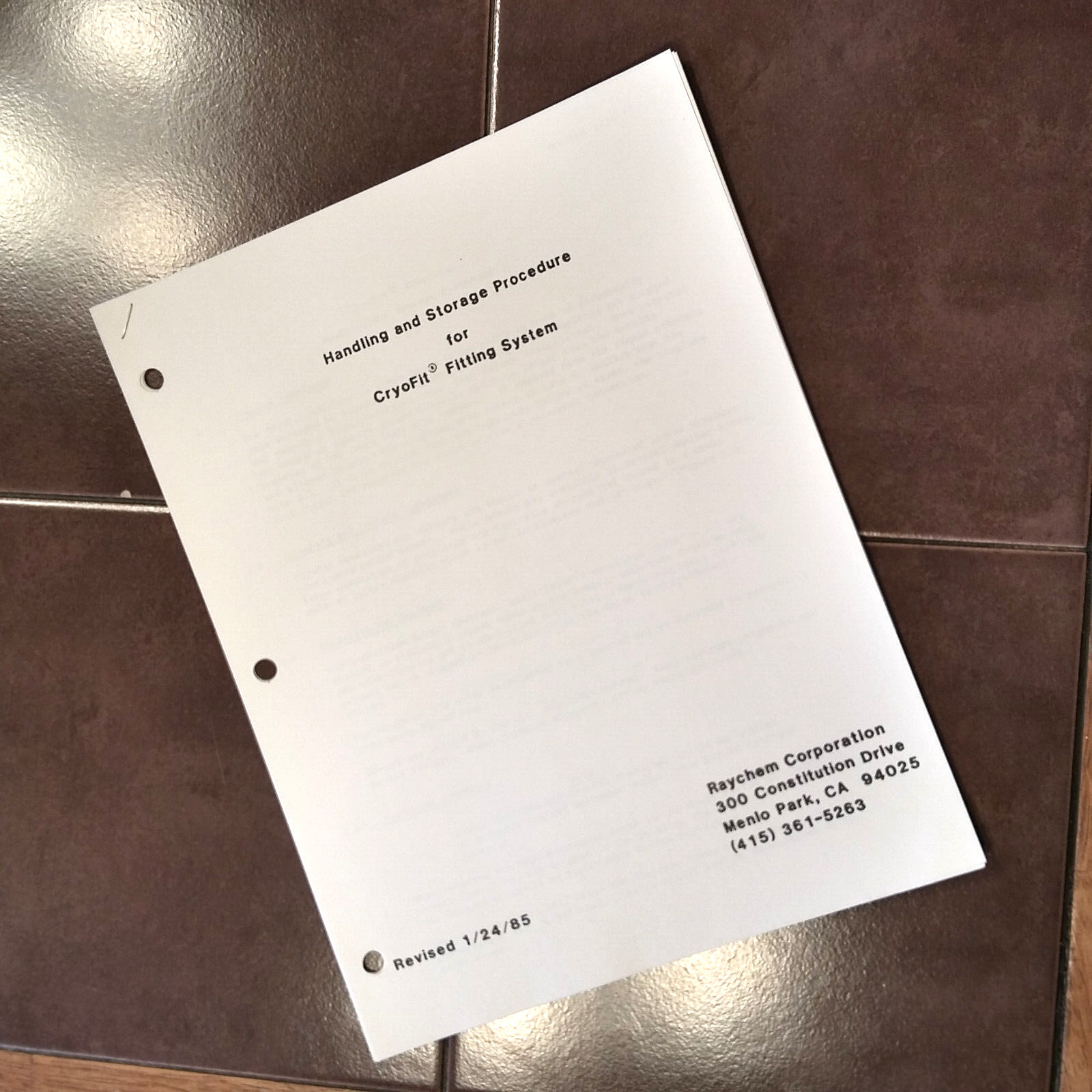 Raychem CryoFit Handling & Storage Procedure Manual