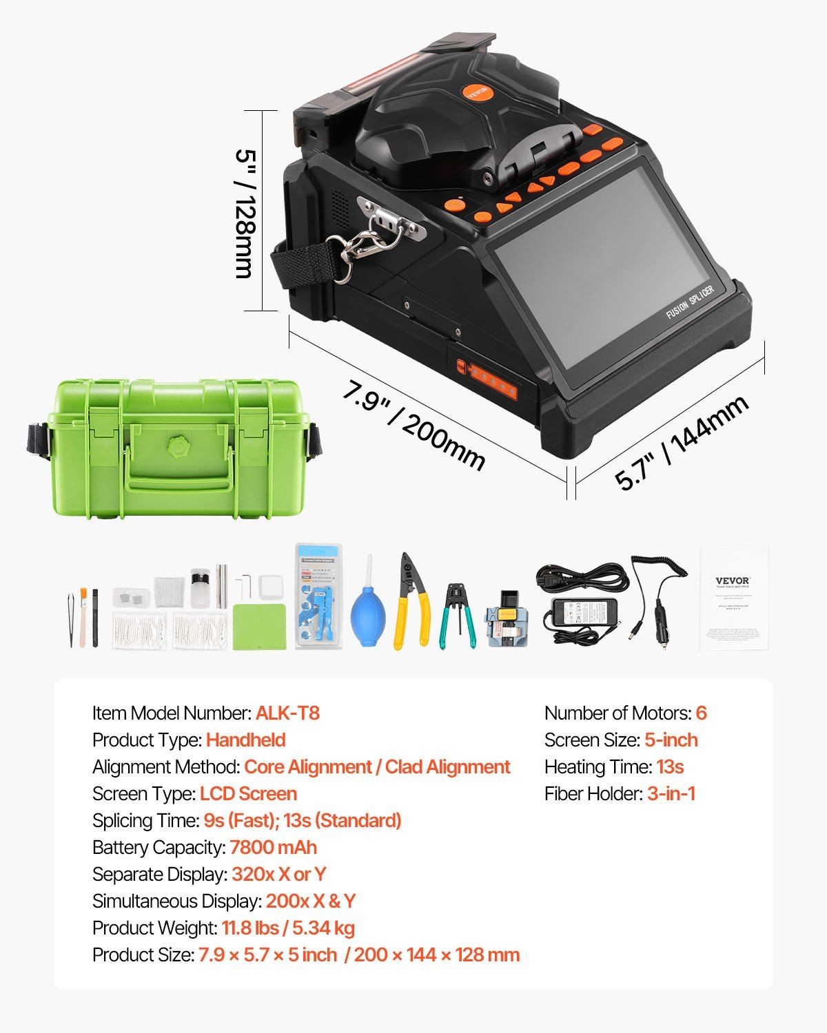 Fiber Optic Fusion Splicer 5" Screen 6 Motor Core Clad Alignment