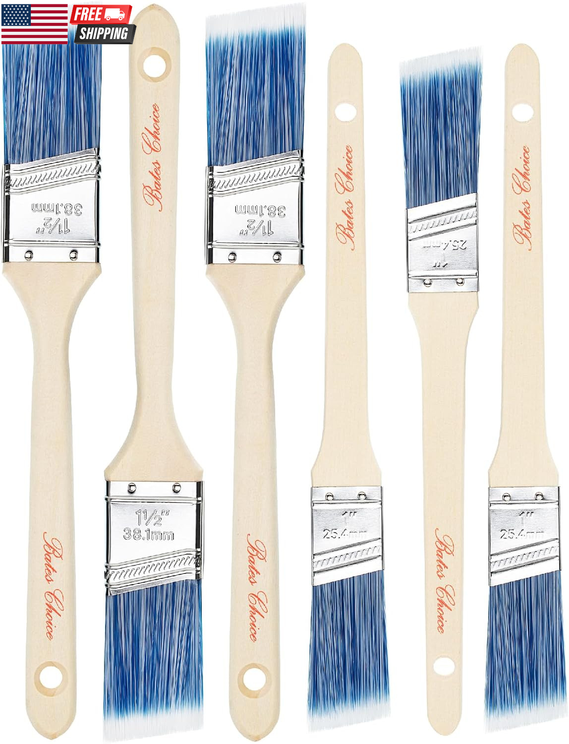 Bates- Paint Brushes, 6 Pack, Treated Wood Handle Brushes for Walls | for Stain