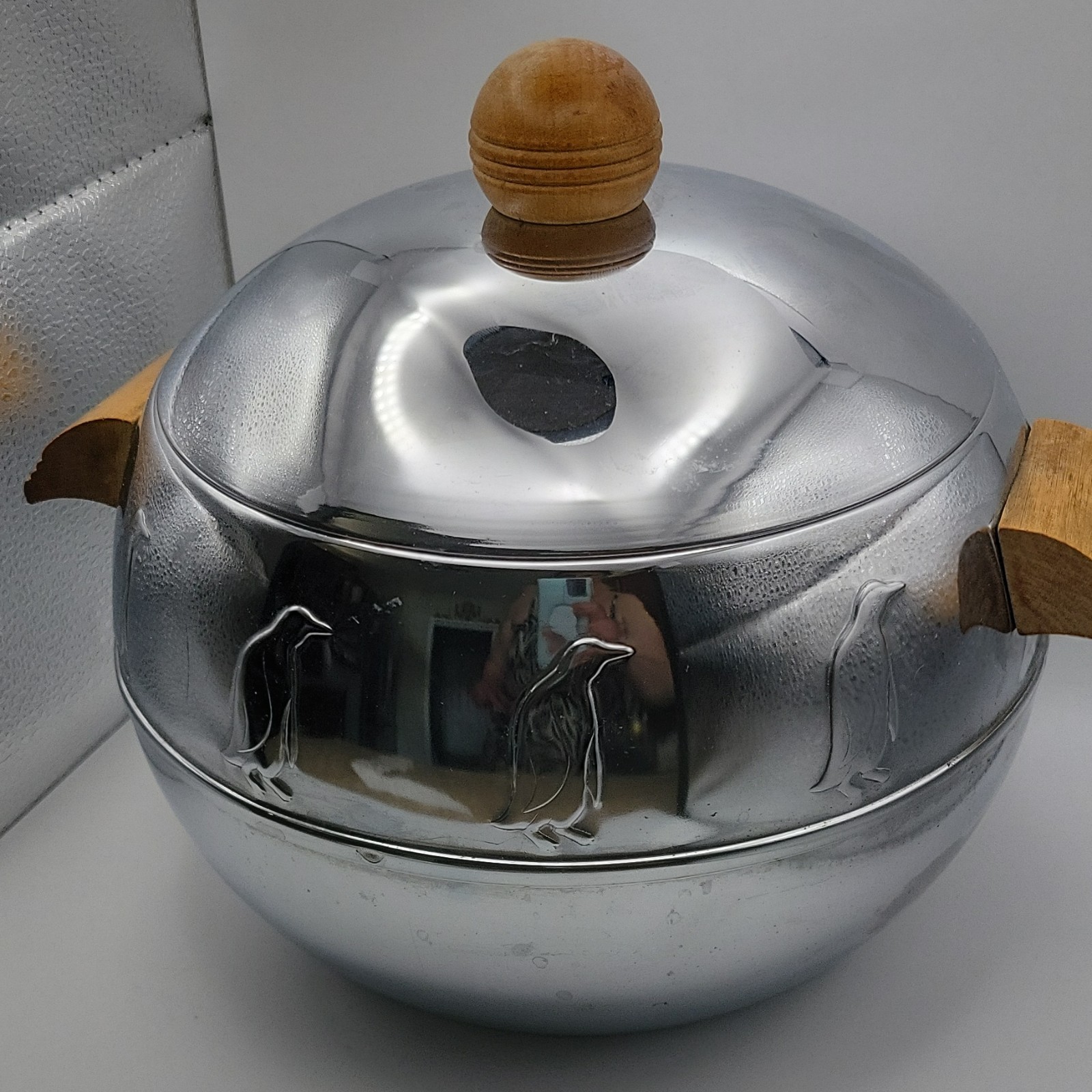 West Bend Penguin Hot & Cold Server Ice Bucket Aluminum Lid Tongs
