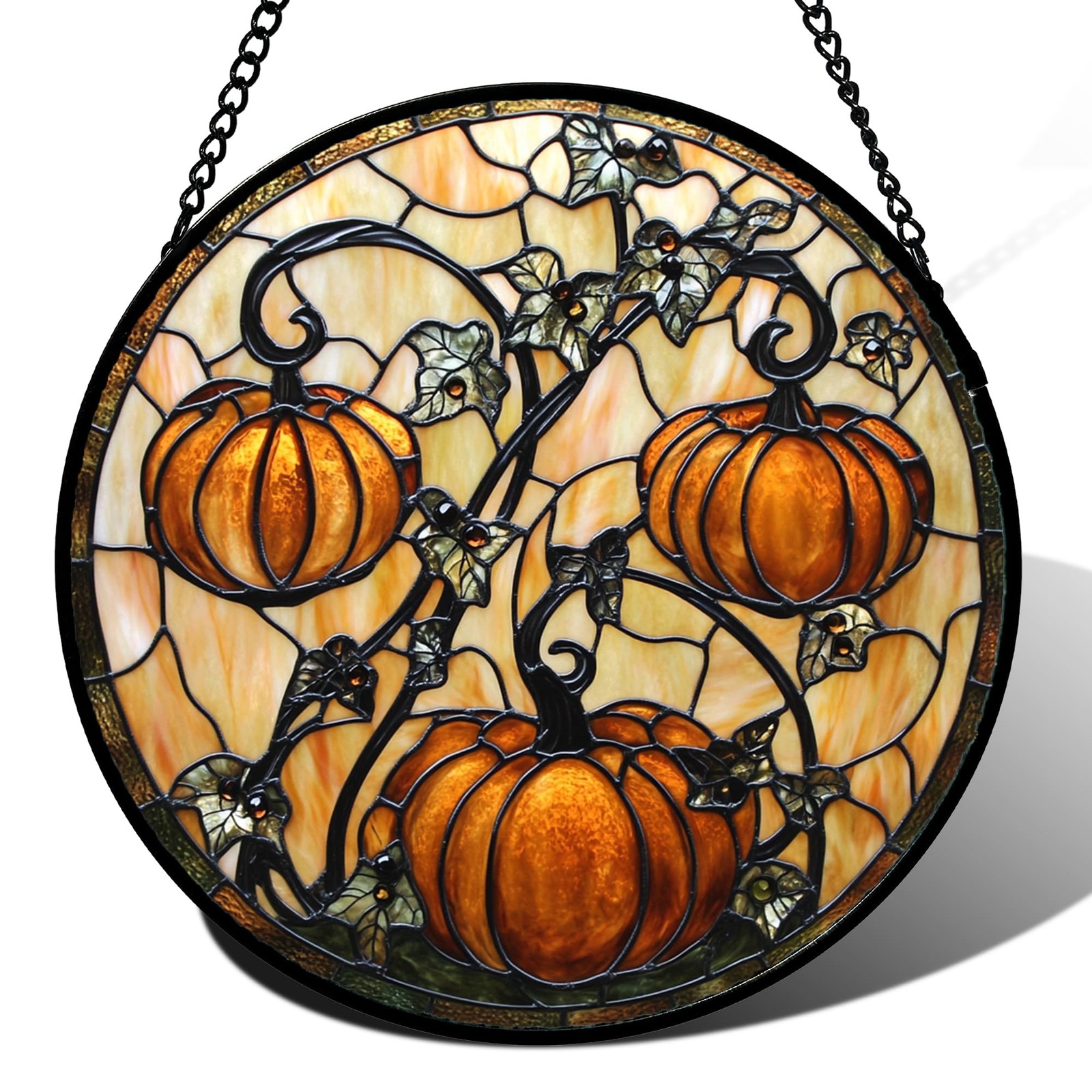 DASTOLL Stained Glass Window Hanging - Halloween Decoration Orange Pumpkin V...