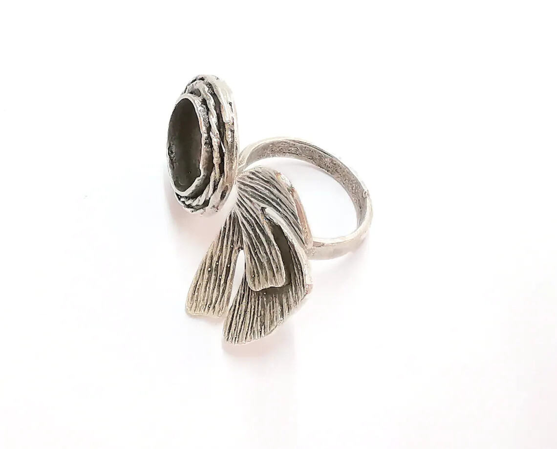 Flower Silver Ring Setting Blank Cabochon Ring Mounting Adjustable Brass G21098