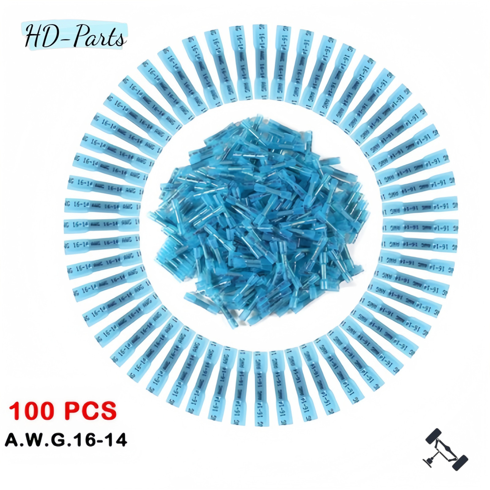 100 Pcs Heat‑Shrink Butt Connectors 14‑16 Gauge Waterproof Wire Terminals Blue