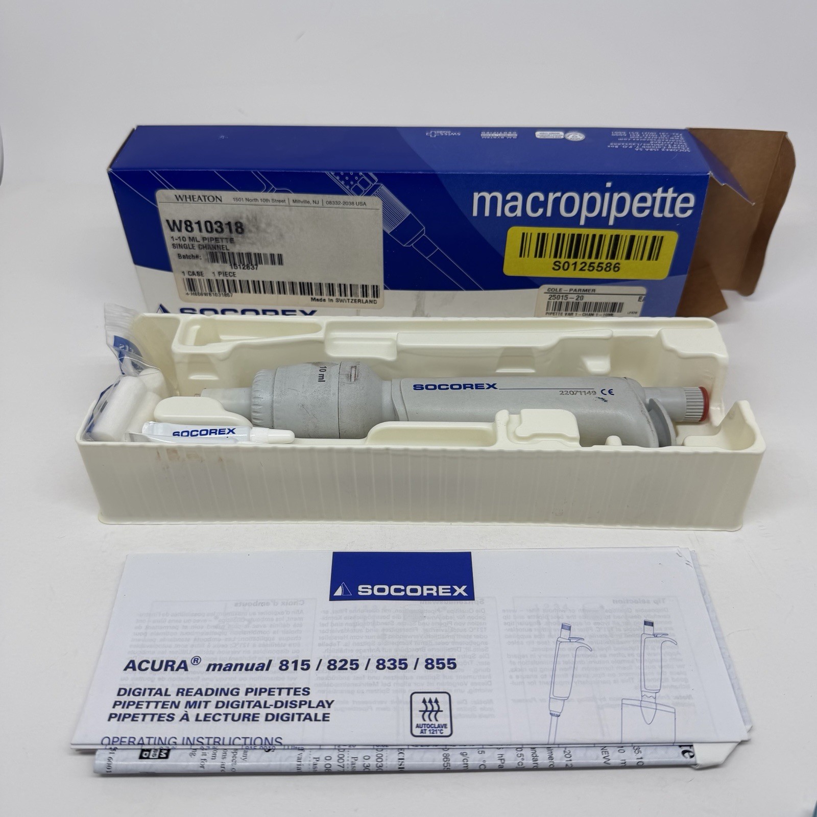 Wheaton Socorex W810318 Macropipette 835 Plastic 1-10mL PIPETTE Single Channel