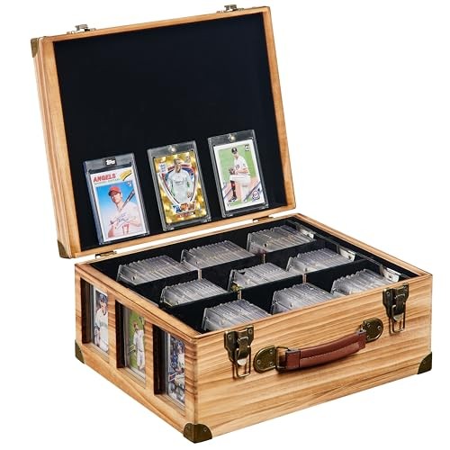 Graded Card Storage Box with Display Window, Wood Card Case for 140+ Brown