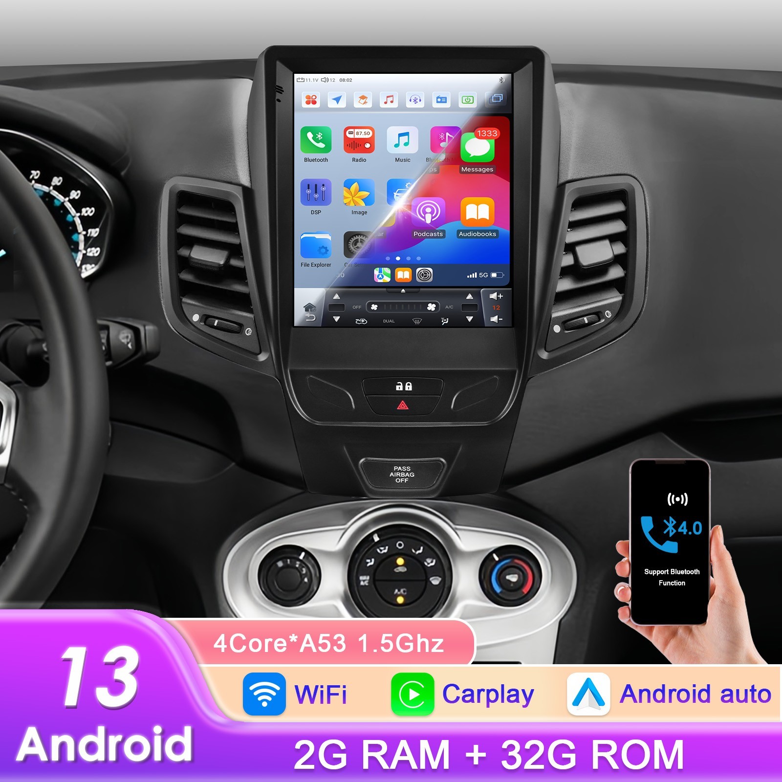 For Ford Fiesta 2009-20217 Android 13 Screen Car radio GPS stereo audio Carplay