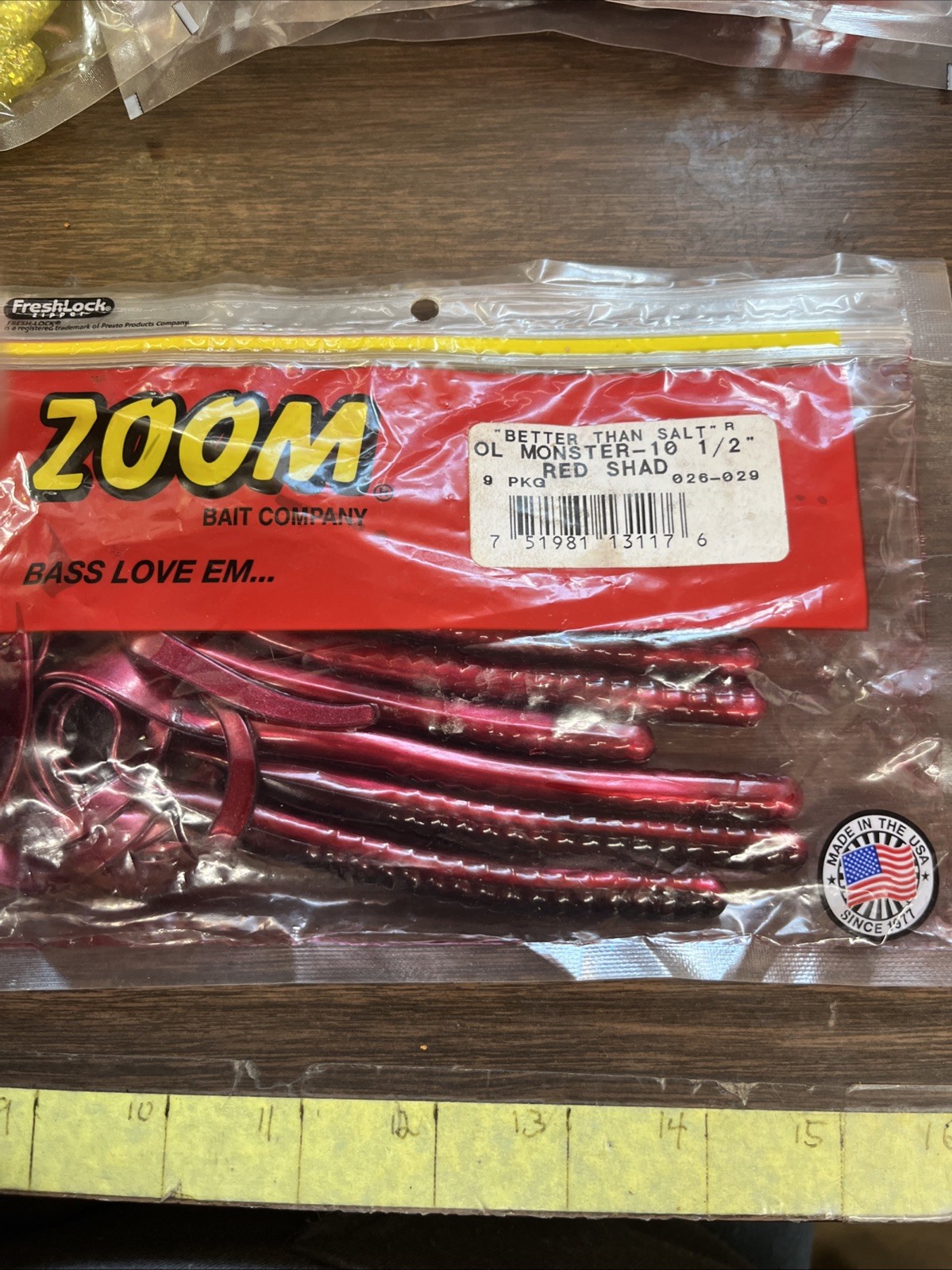 ZOOM-O'L Monster 10.5" - RED SHAD -RIBBON TAIL -BASS Worm -9Pk -FAST SHIPPING