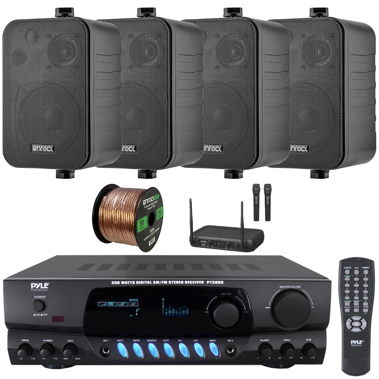Pyle PT260A Home Audio Stereo Receiver, 4x 4" 30W Max Black Speakers, Mic System