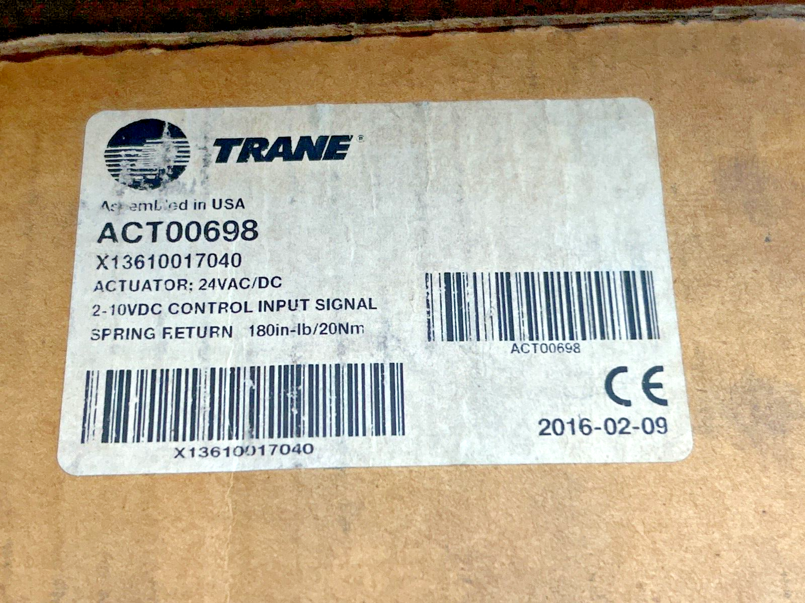 TRANE ACT00698, ROTARY ACTUATOR X13610017040 SPRING RETURN