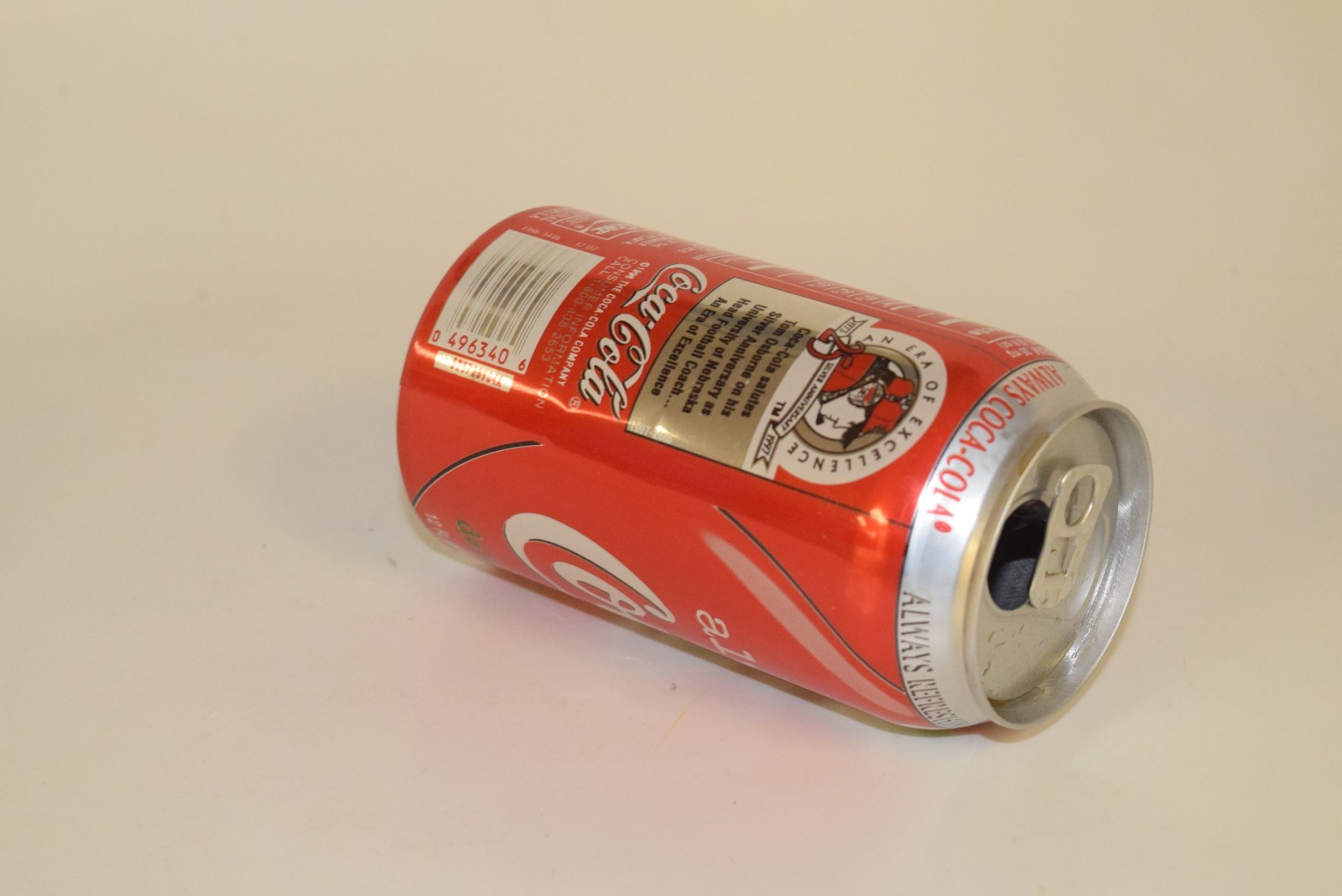 COCA-COLA TOM OSBORNE NEBRASKA CORNHUSKER SODA CAN 12 OZ. VINTAGE COLLECTIBLE.