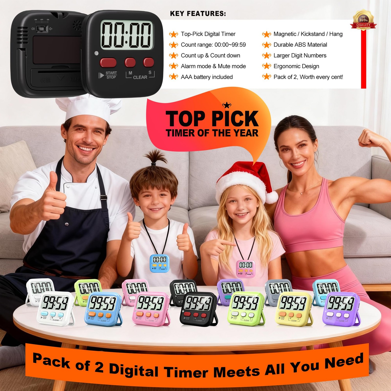 2 Pack Digital Magnetic Kitchen Timer for Kids Cooking Classroom