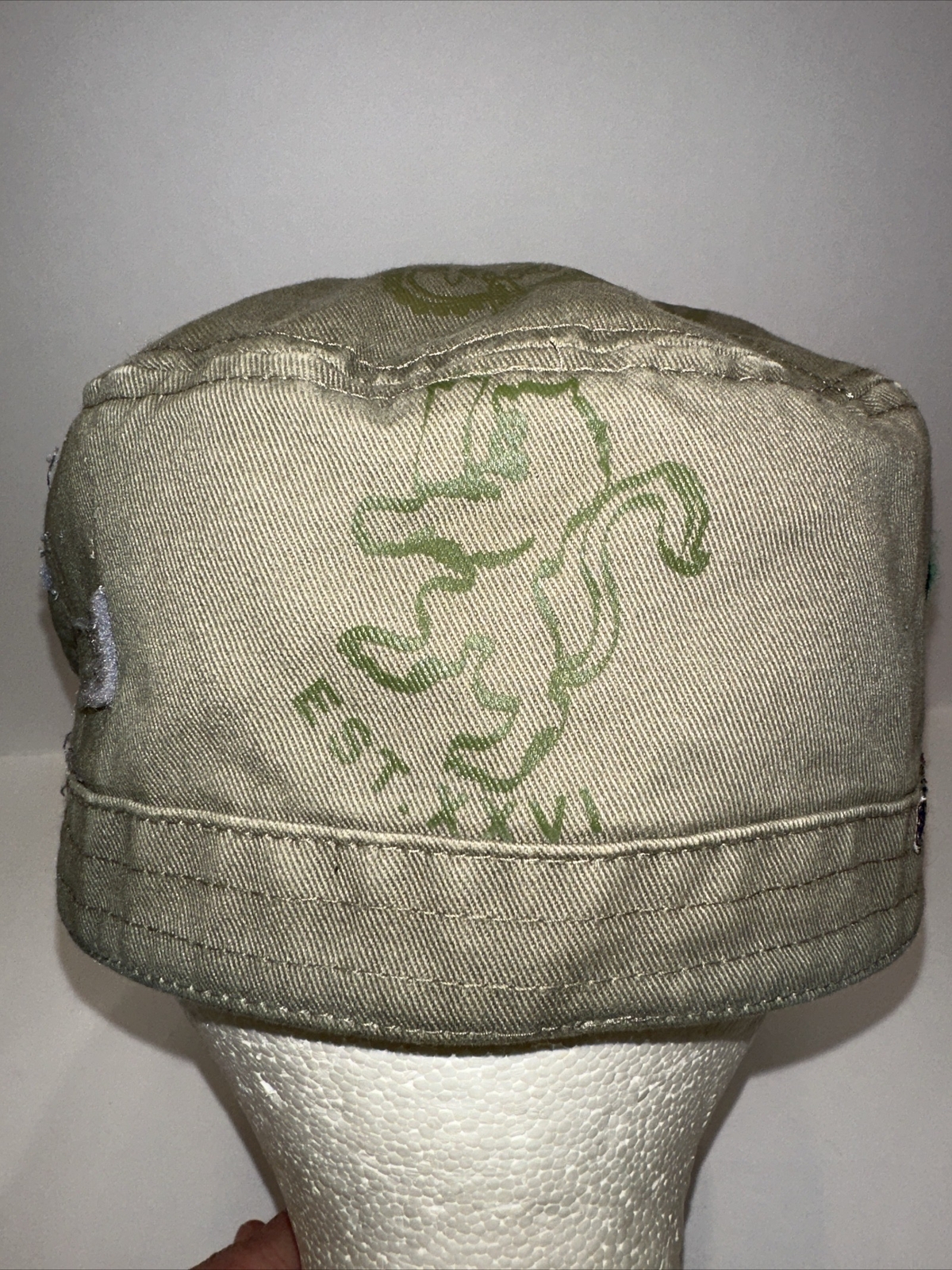 Army Green Distressed Cadet Hat Cap With Lion Patch, Top Printed design